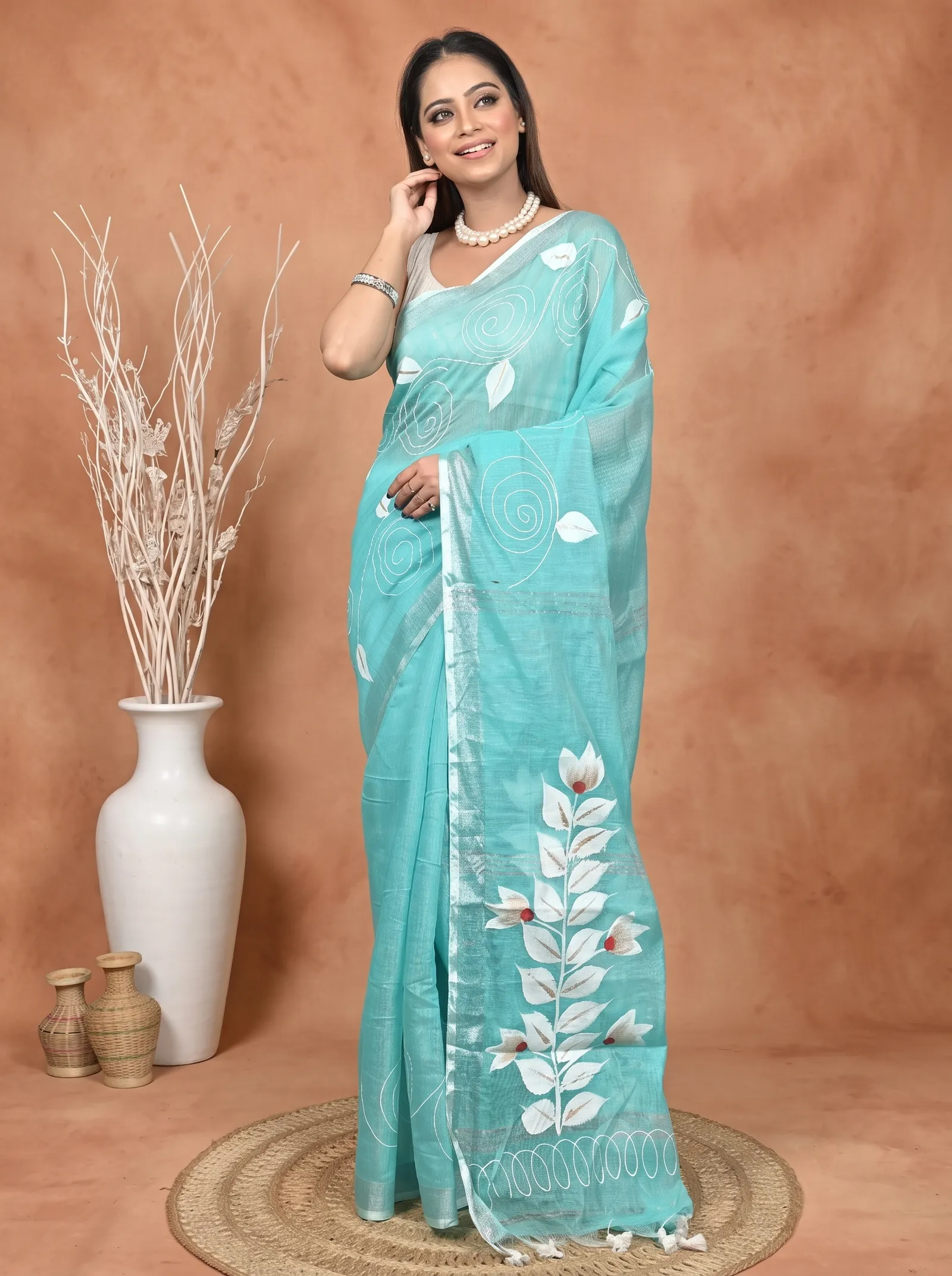 DipDiya Cotton Blend  Traditional Bengali See Blue Artisan Crafted Souvar Hand Painted Saree