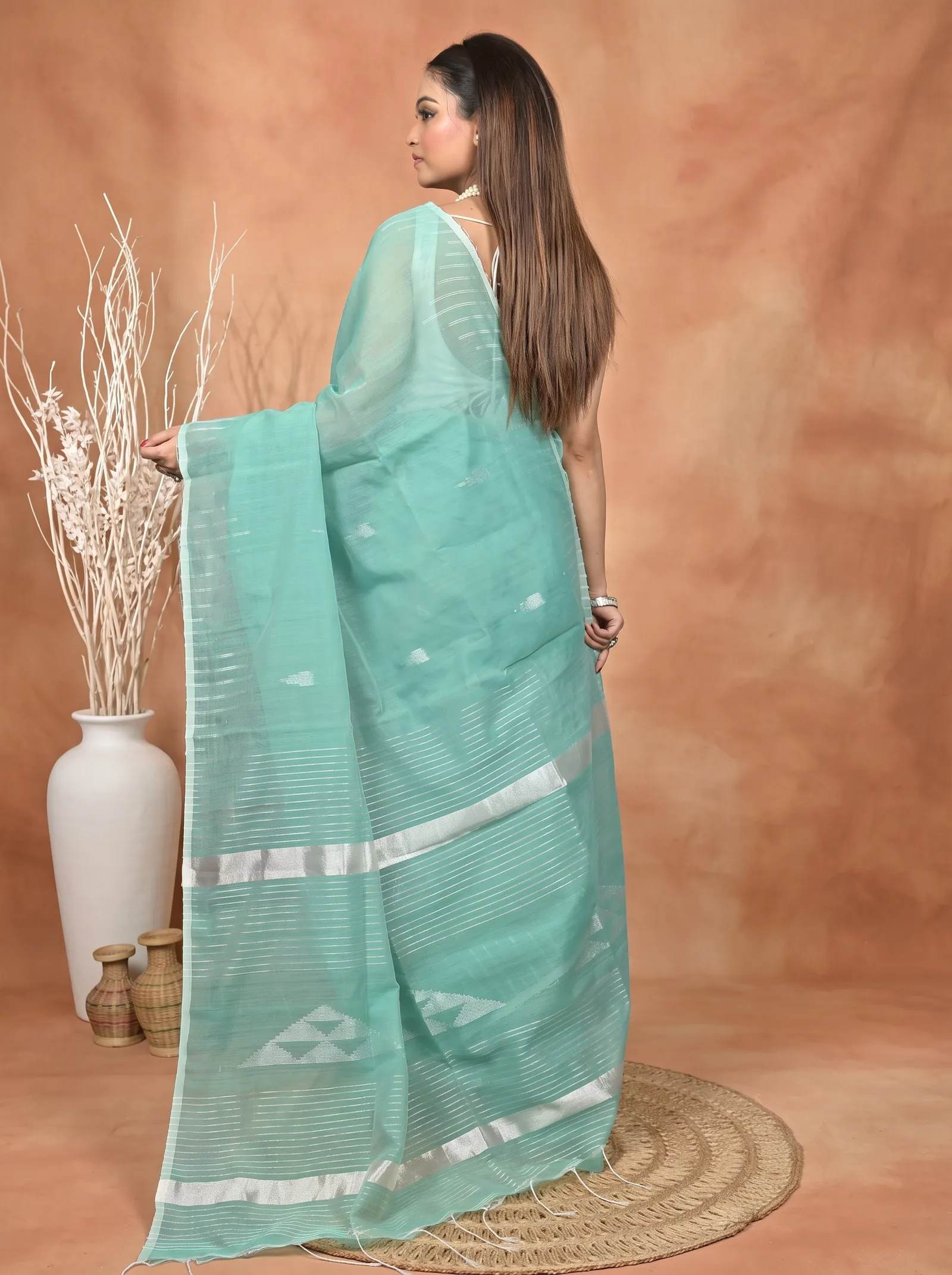 DipDiya Cotton Blend  Traditional Bengali See Green Artisan Crafted Soubit Handloom Saree
