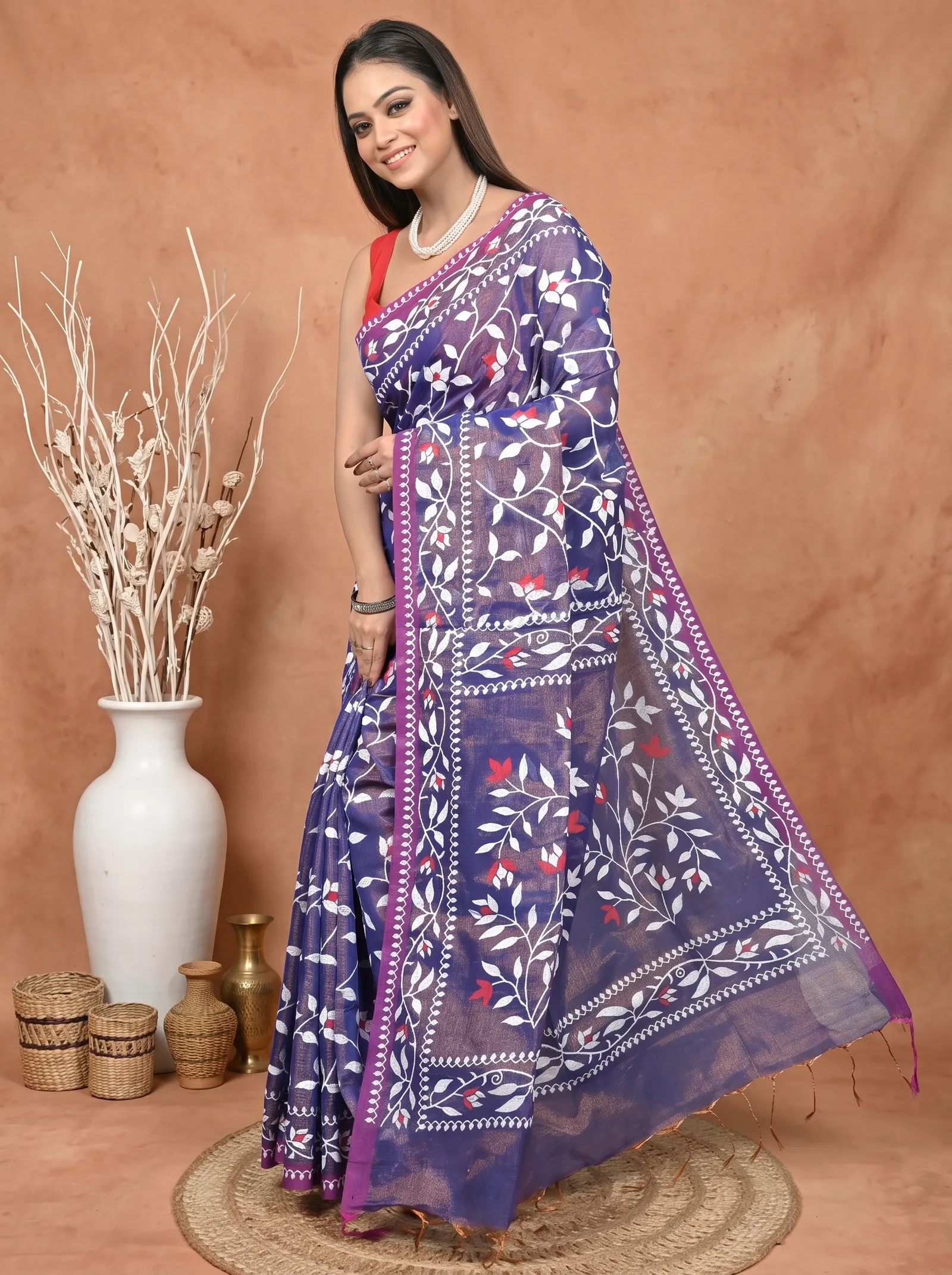 DipDiya Cotton Blend  Traditional Bengali Violet Artisan Crafted Parbun Handloom Saree
