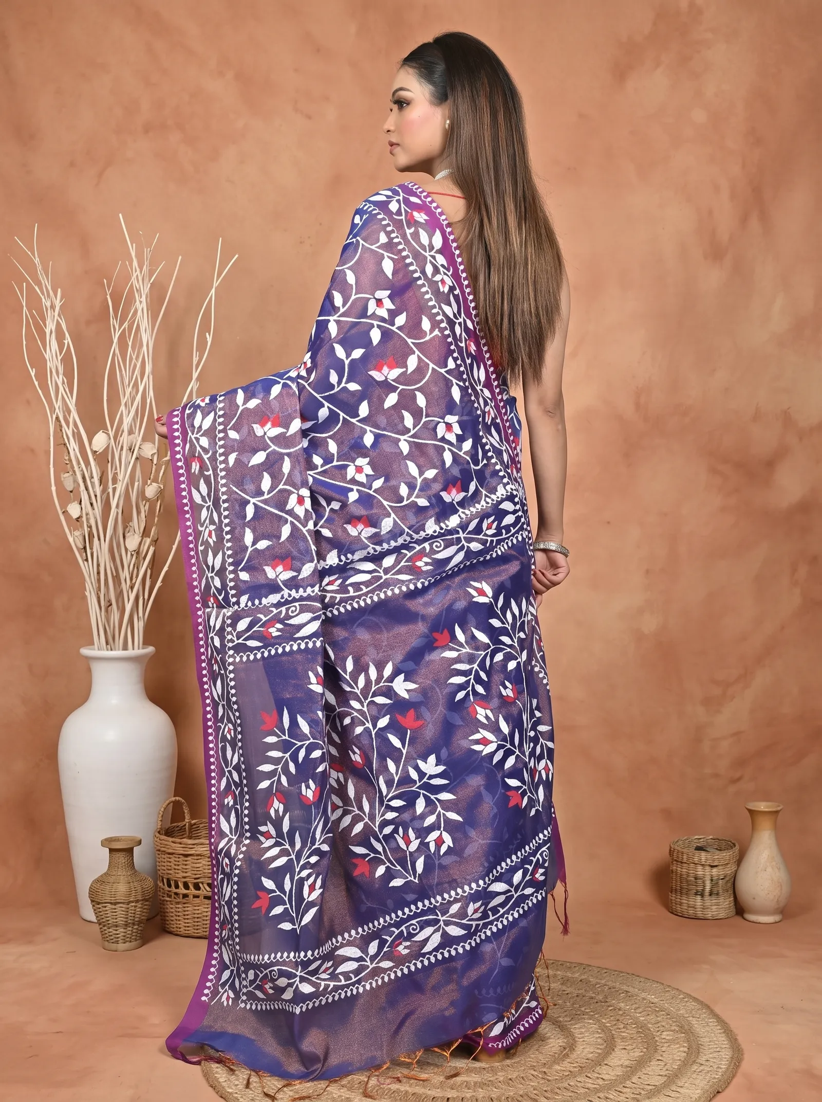 DipDiya Cotton Blend  Traditional Bengali Violet Artisan Crafted Parbun Handloom Saree
