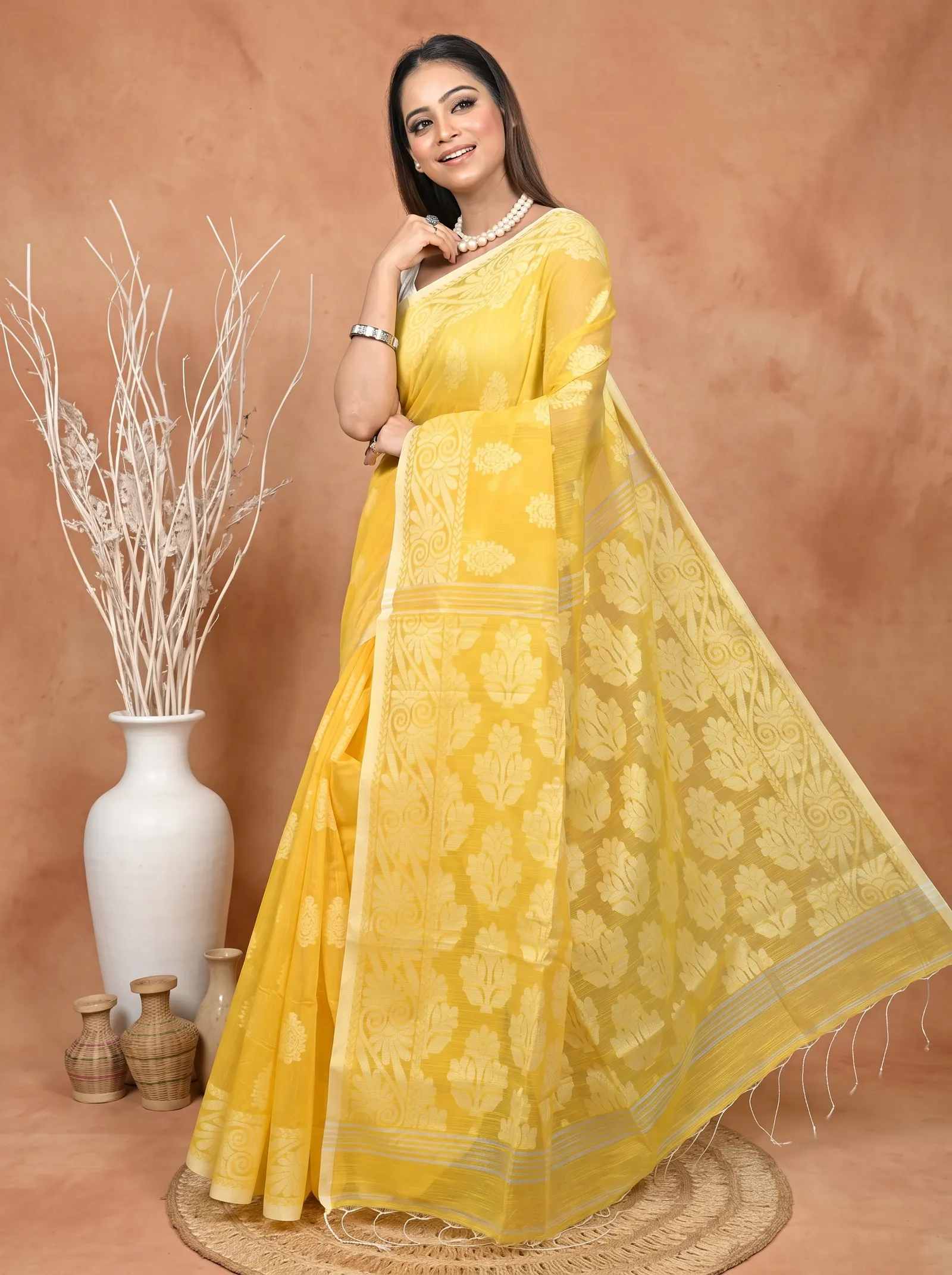 DipDiya Cotton Blend  Traditional Bengali Yellow Artisan Crafted Parbit Handloom Saree