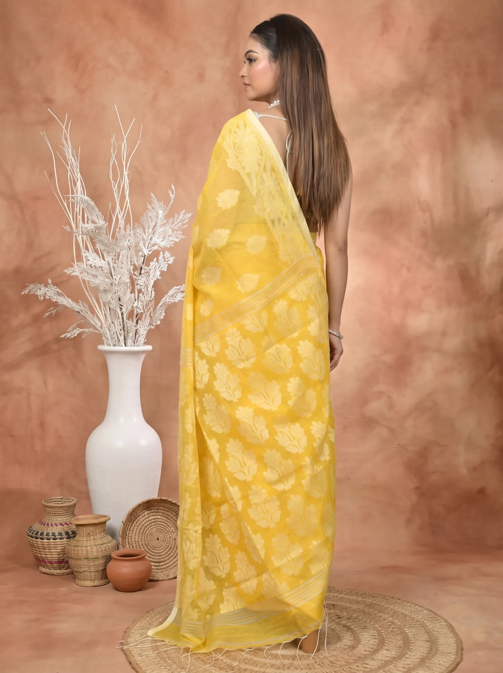 DipDiya Cotton Blend  Traditional Bengali Yellow Artisan Crafted Parbit Handloom Saree