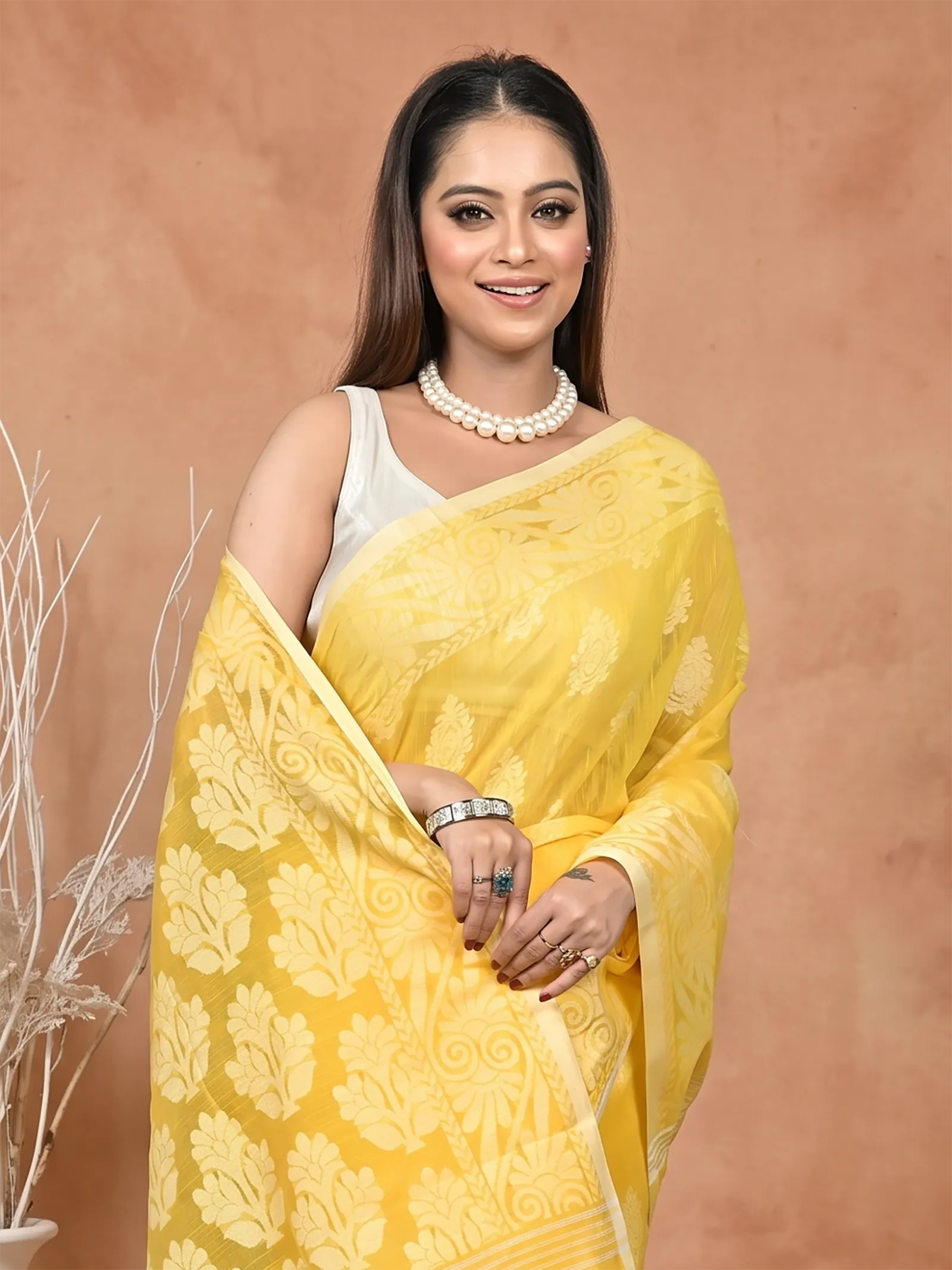 DipDiya Cotton Blend  Traditional Bengali Yellow Artisan Crafted Parbit Handloom Saree