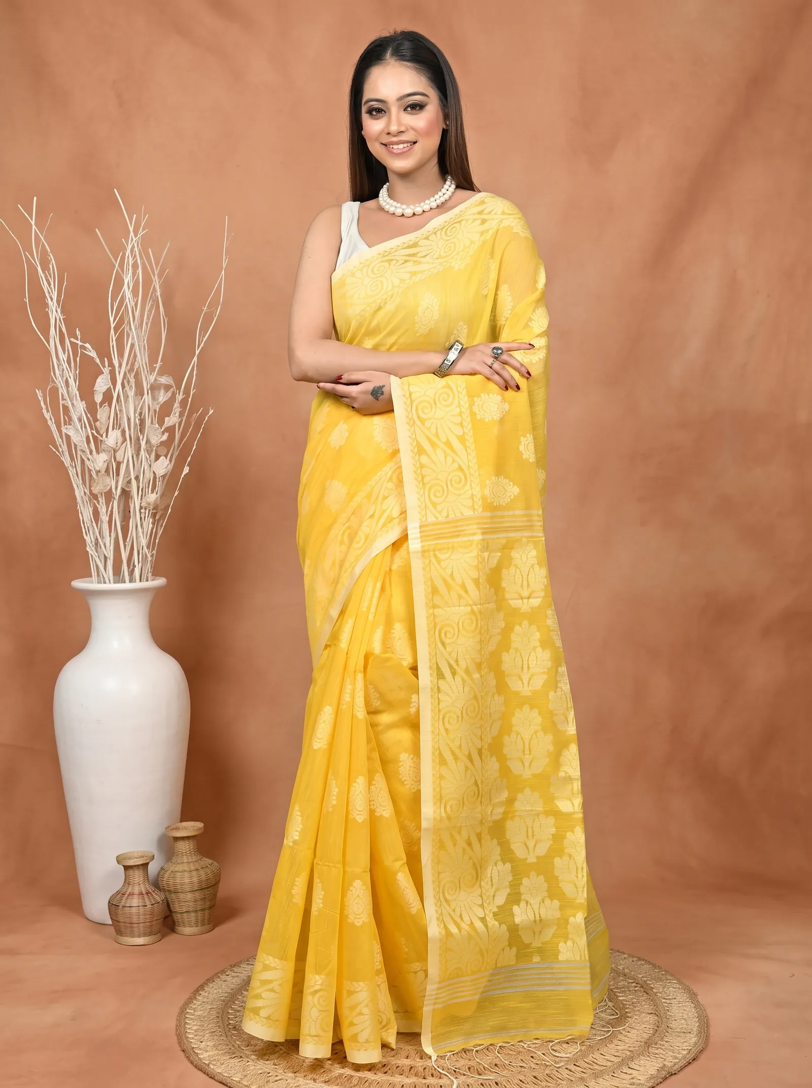 DipDiya Cotton Blend  Traditional Bengali Yellow Artisan Crafted Parbit Handloom Saree