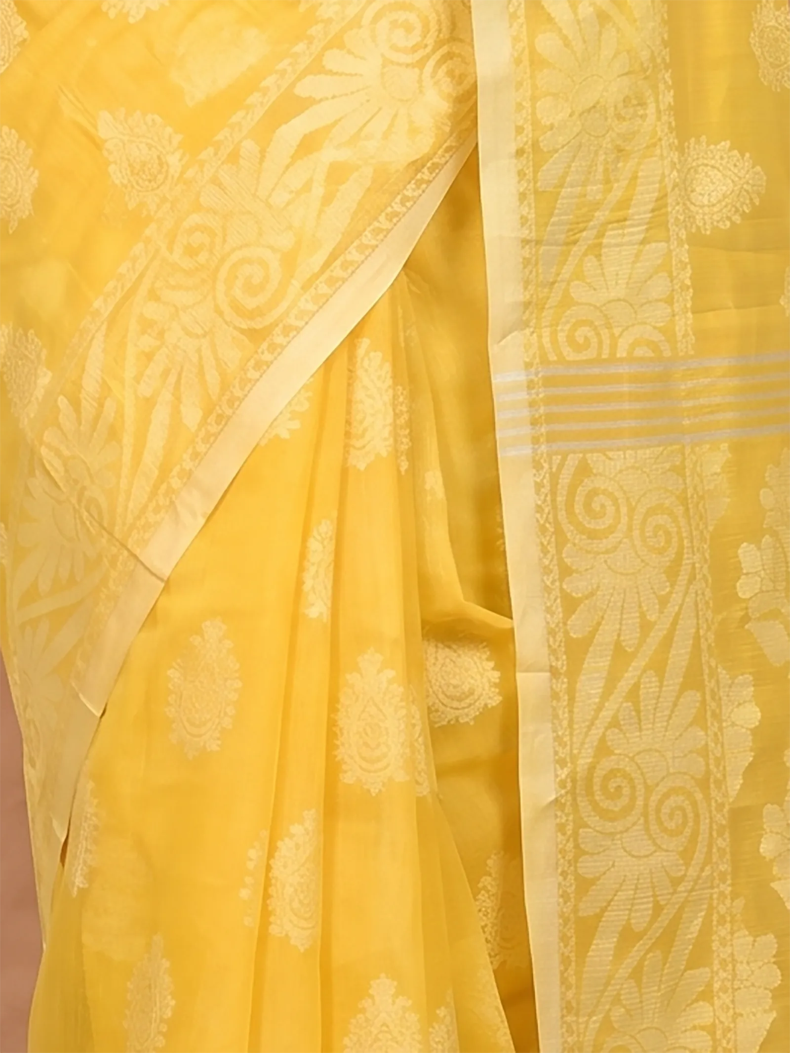 DipDiya Cotton Blend  Traditional Bengali Yellow Artisan Crafted Parbit Handloom Saree