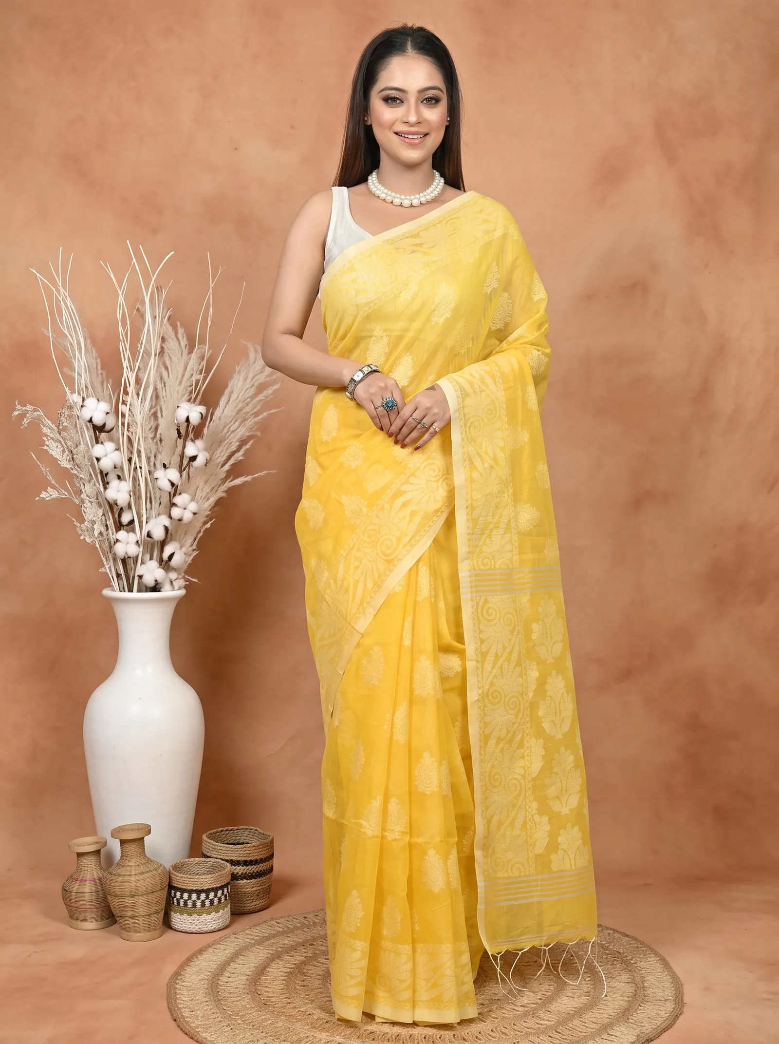 DipDiya Cotton Blend  Traditional Bengali Yellow Artisan Crafted Parbit Handloom Saree