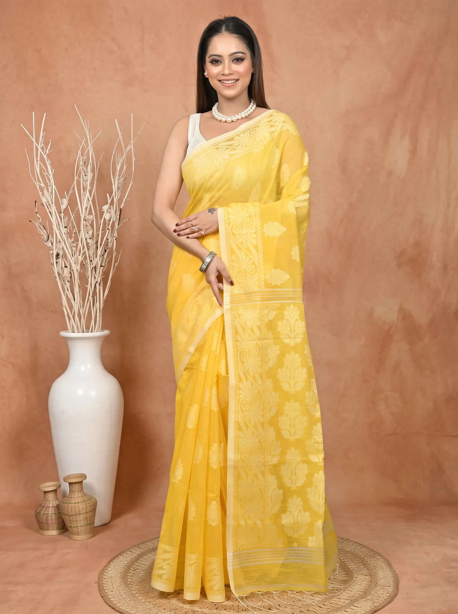 DipDiya Cotton Blend  Traditional Bengali Yellow Artisan Crafted Parbit Handloom Saree