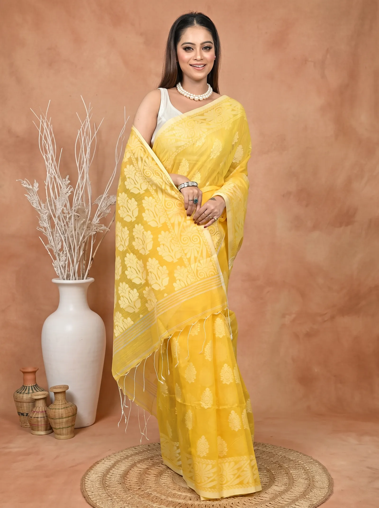 DipDiya Cotton Blend  Traditional Bengali Yellow Artisan Crafted Parbit Handloom Saree