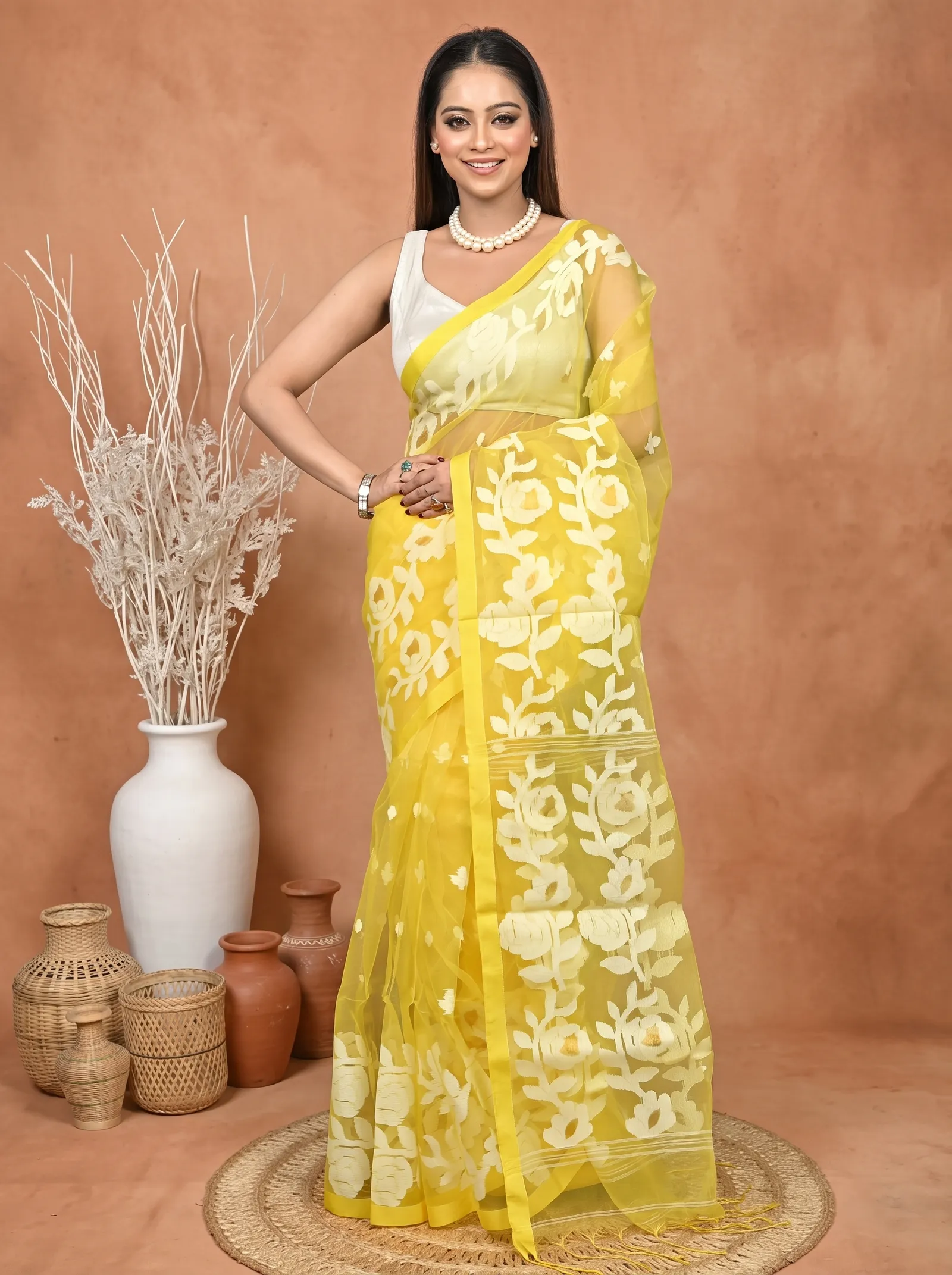 DipDiya Cotton Blend  Traditional Bengali Yellow Artisan Crafted Soulan Muslin saree