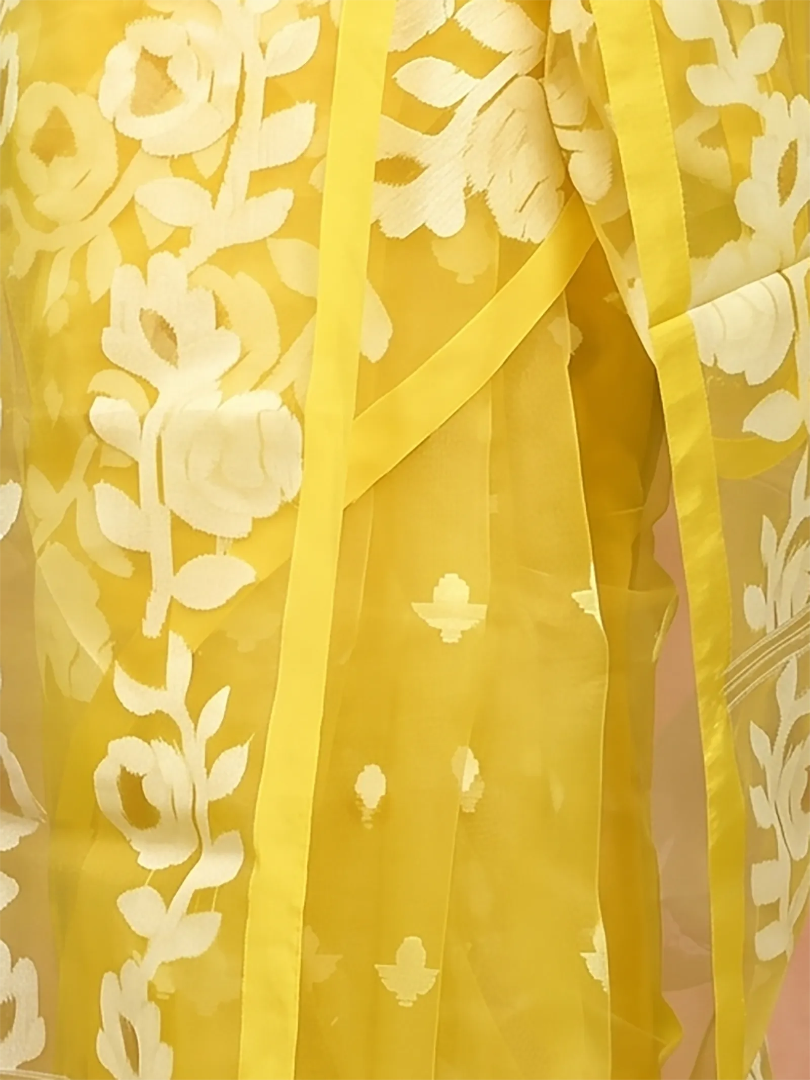 DipDiya Cotton Blend  Traditional Bengali Yellow Artisan Crafted Soulan Muslin saree