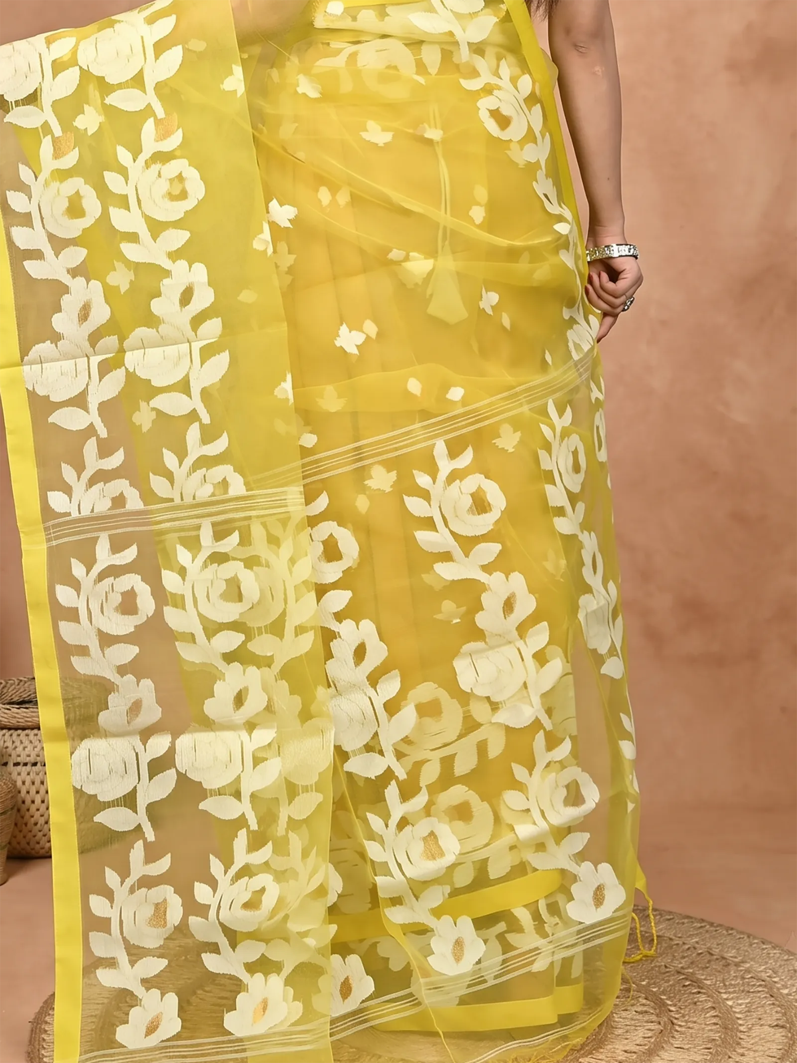 DipDiya Cotton Blend  Traditional Bengali Yellow Artisan Crafted Soulan Muslin saree