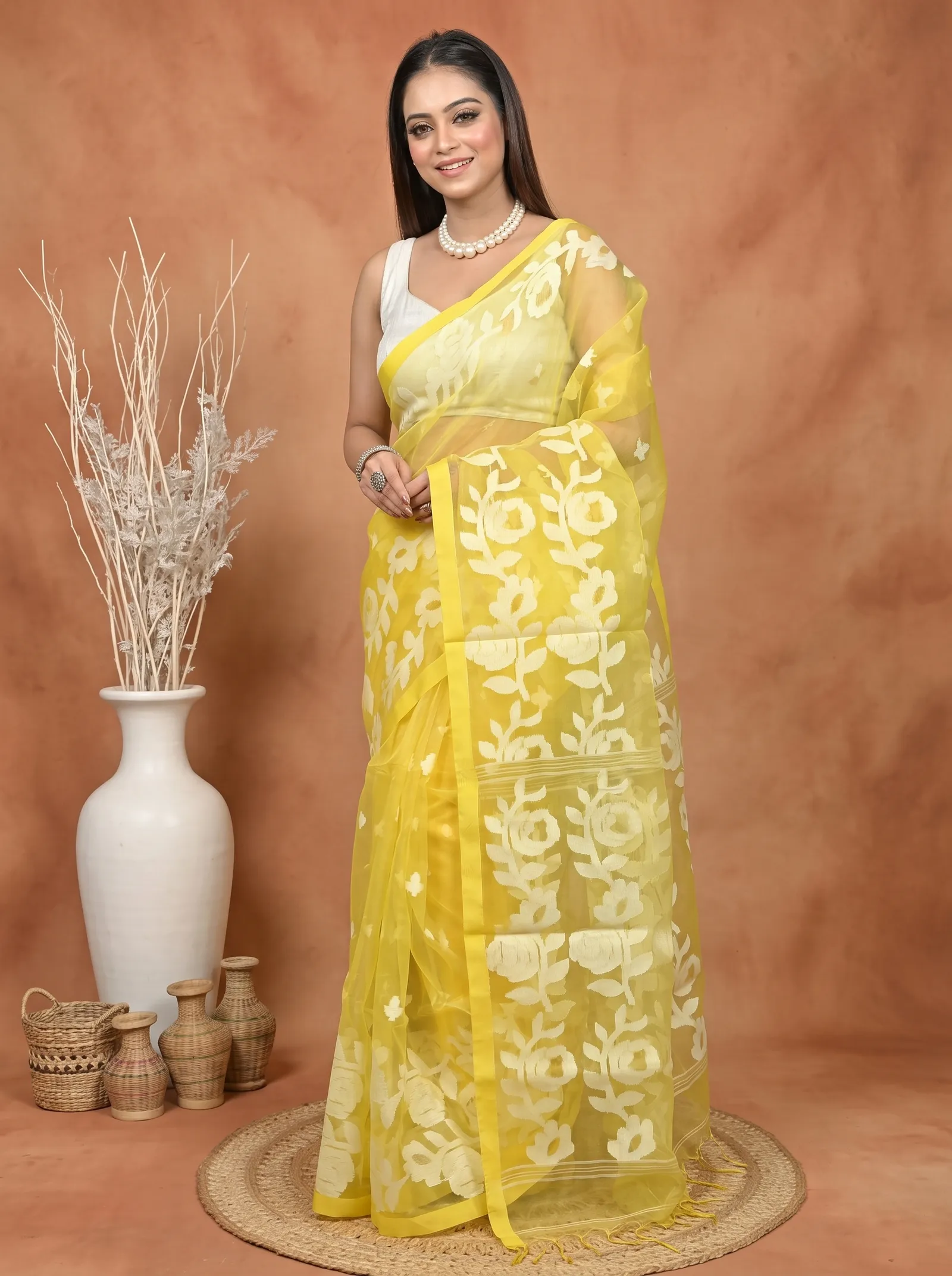 DipDiya Cotton Blend  Traditional Bengali Yellow Artisan Crafted Soulan Muslin saree