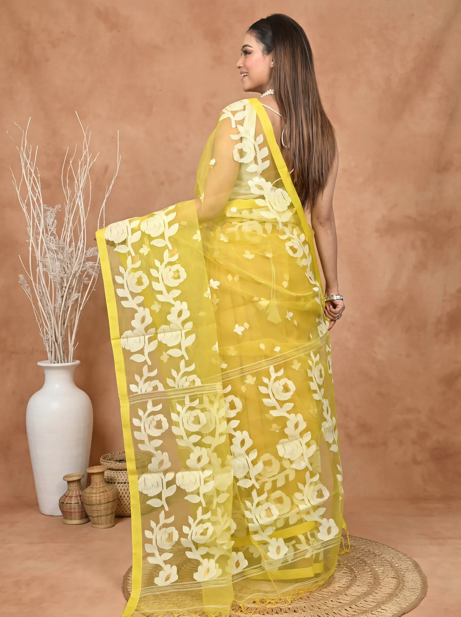 DipDiya Cotton Blend  Traditional Bengali Yellow Artisan Crafted Soulan Muslin saree