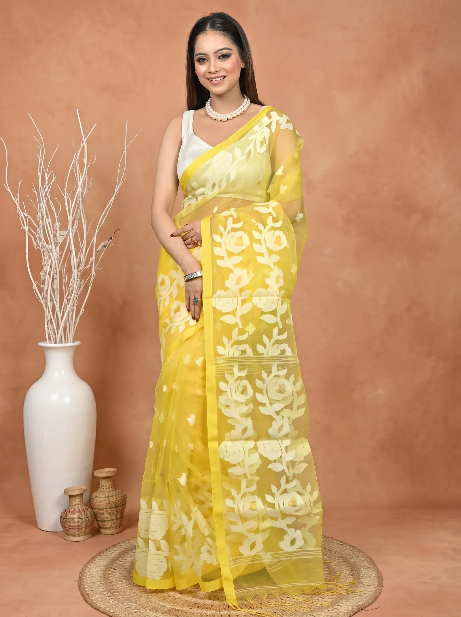 DipDiya Cotton Blend  Traditional Bengali Yellow Artisan Crafted Soulan Muslin saree