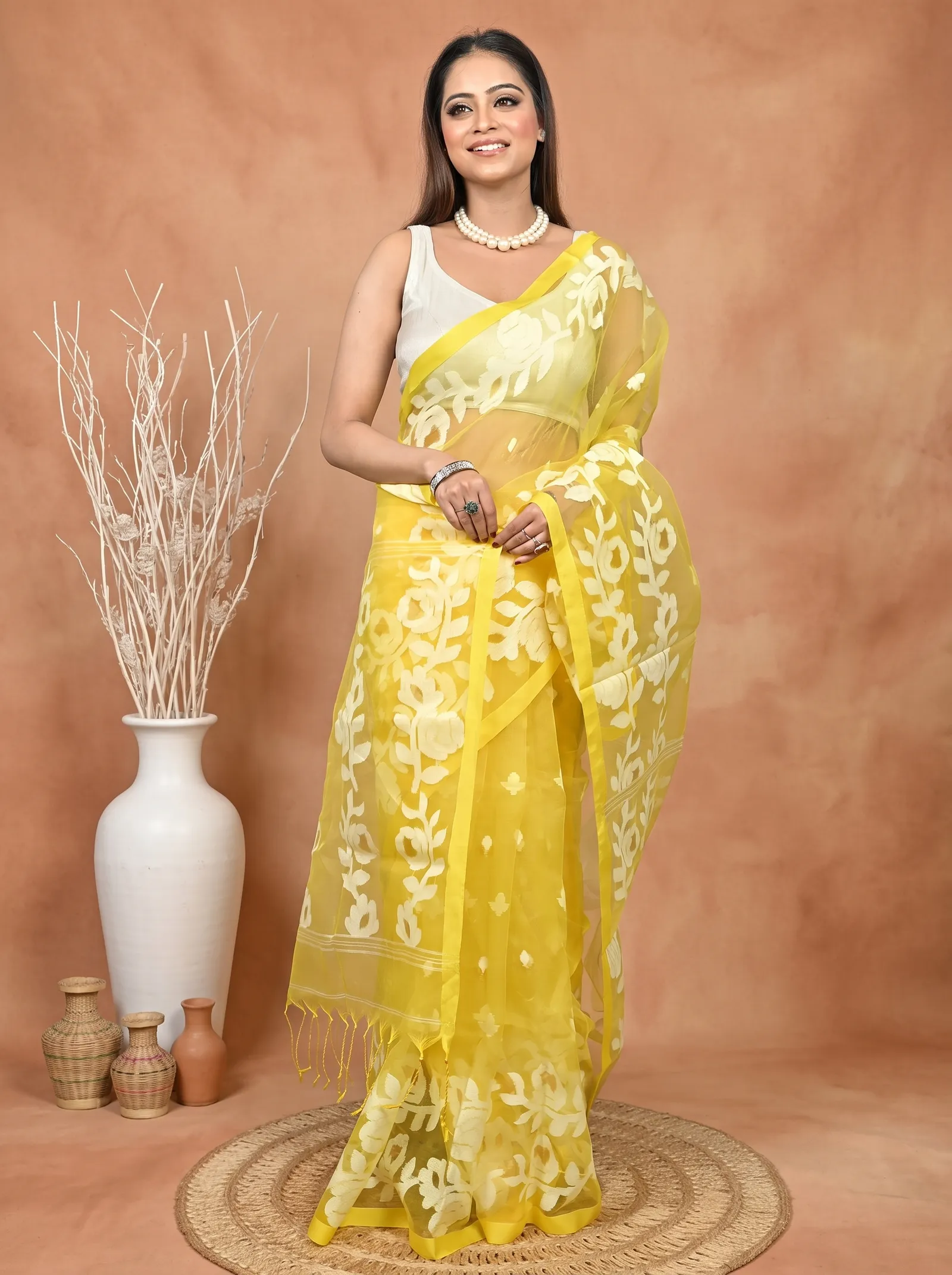 DipDiya Cotton Blend  Traditional Bengali Yellow Artisan Crafted Soulan Muslin saree