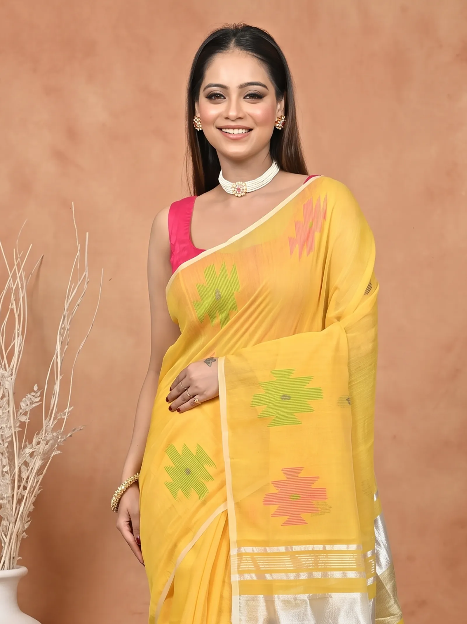 DipDiya Cotton Blend  Traditional Bengali Yellow Artisan Crafted Soulik Handloom Saree