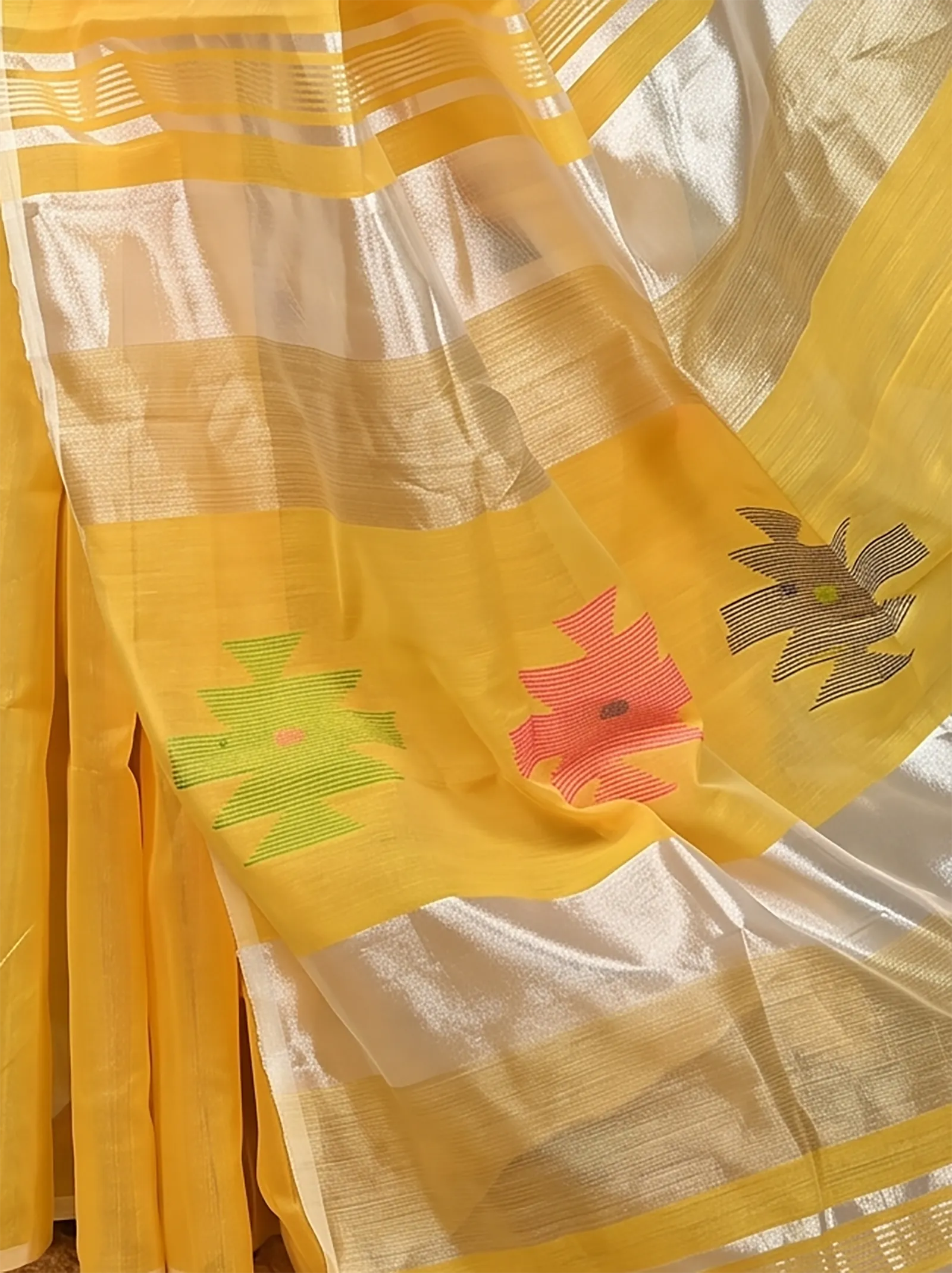 DipDiya Cotton Blend  Traditional Bengali Yellow Artisan Crafted Soulik Handloom Saree