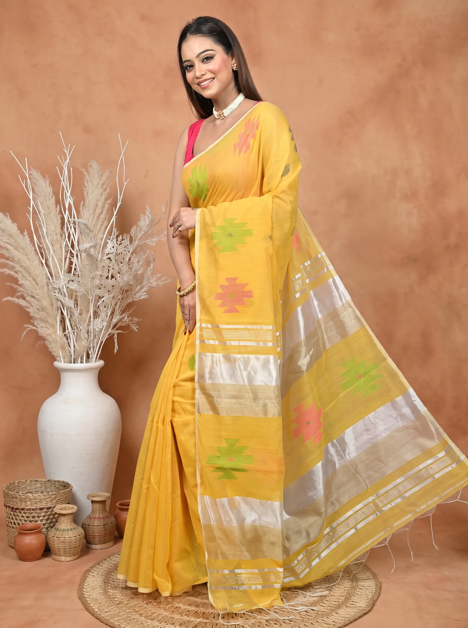 DipDiya Cotton Blend  Traditional Bengali Yellow Artisan Crafted Soulik Handloom Saree