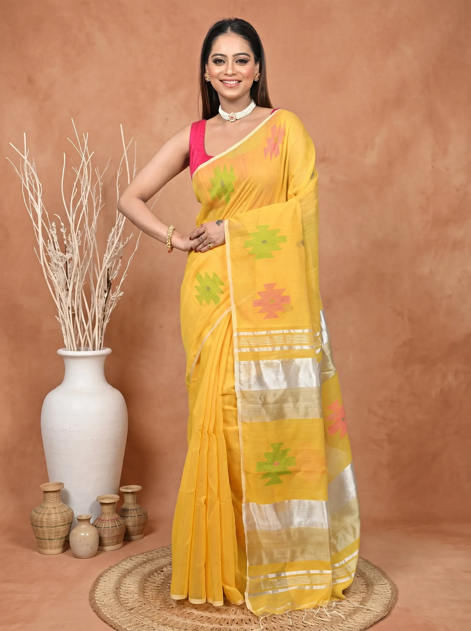 DipDiya Cotton Blend  Traditional Bengali Yellow Artisan Crafted Soulik Handloom Saree