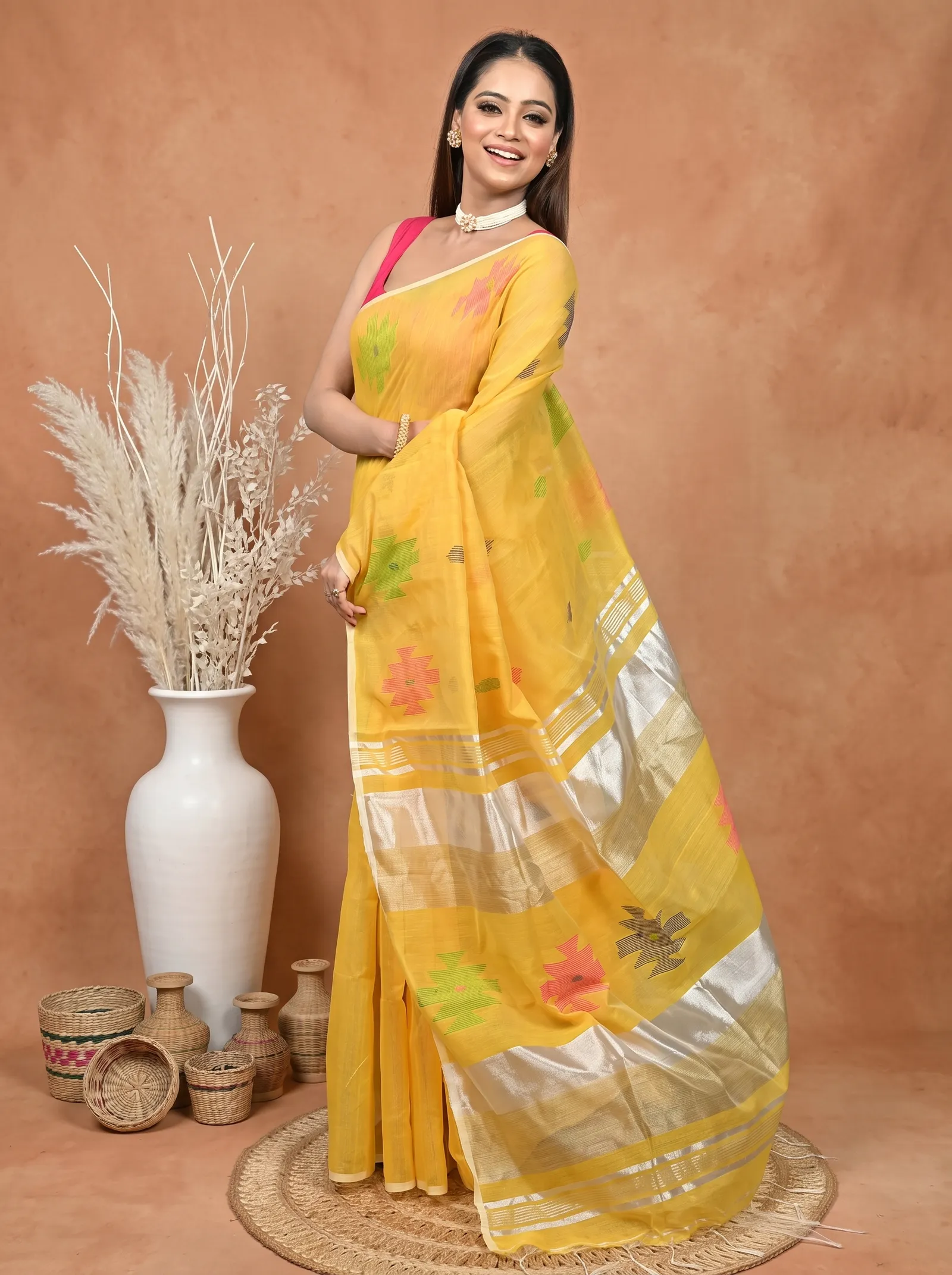 DipDiya Cotton Blend  Traditional Bengali Yellow Artisan Crafted Soulik Handloom Saree