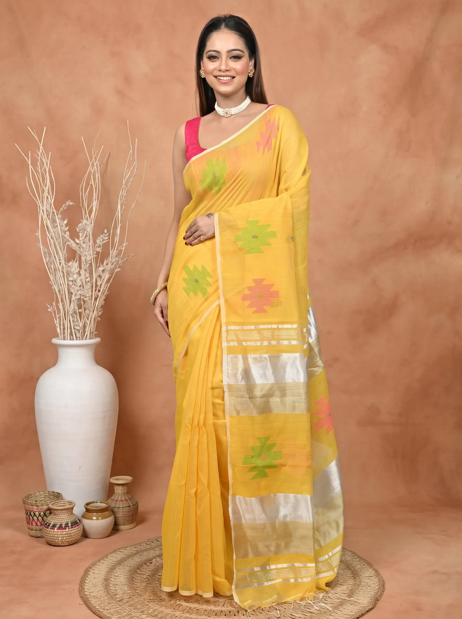 DipDiya Cotton Blend  Traditional Bengali Yellow Artisan Crafted Soulik Handloom Saree