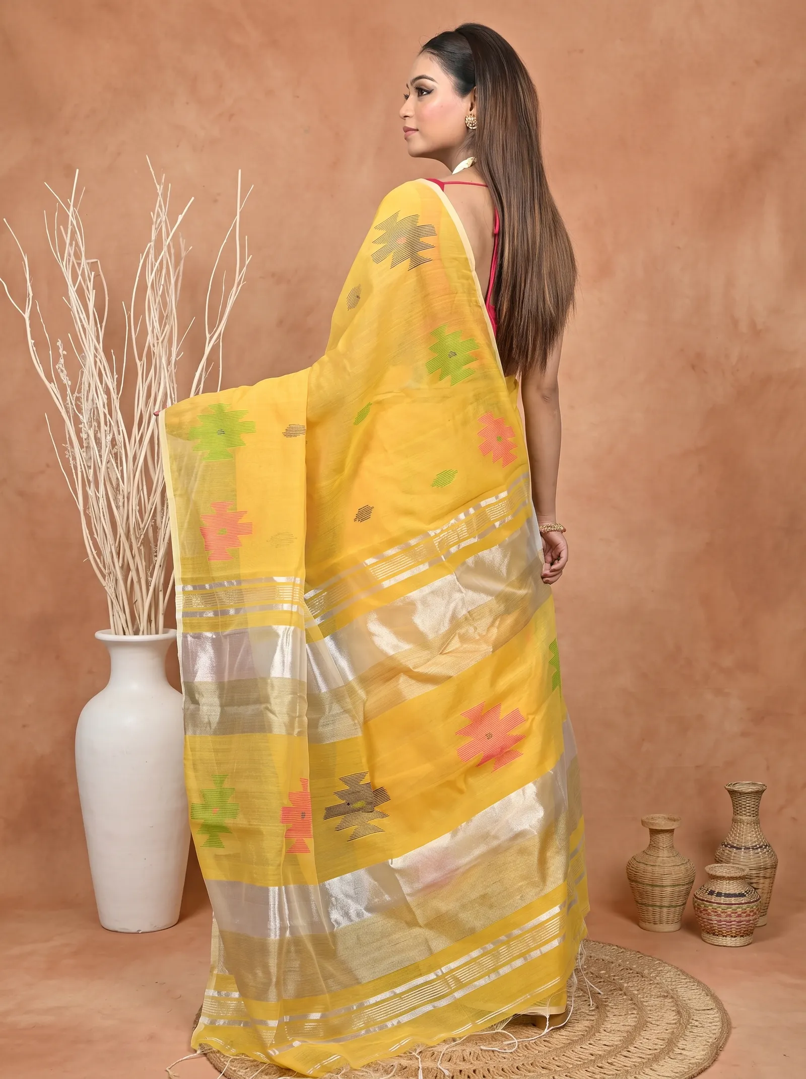 DipDiya Cotton Blend  Traditional Bengali Yellow Artisan Crafted Soulik Handloom Saree