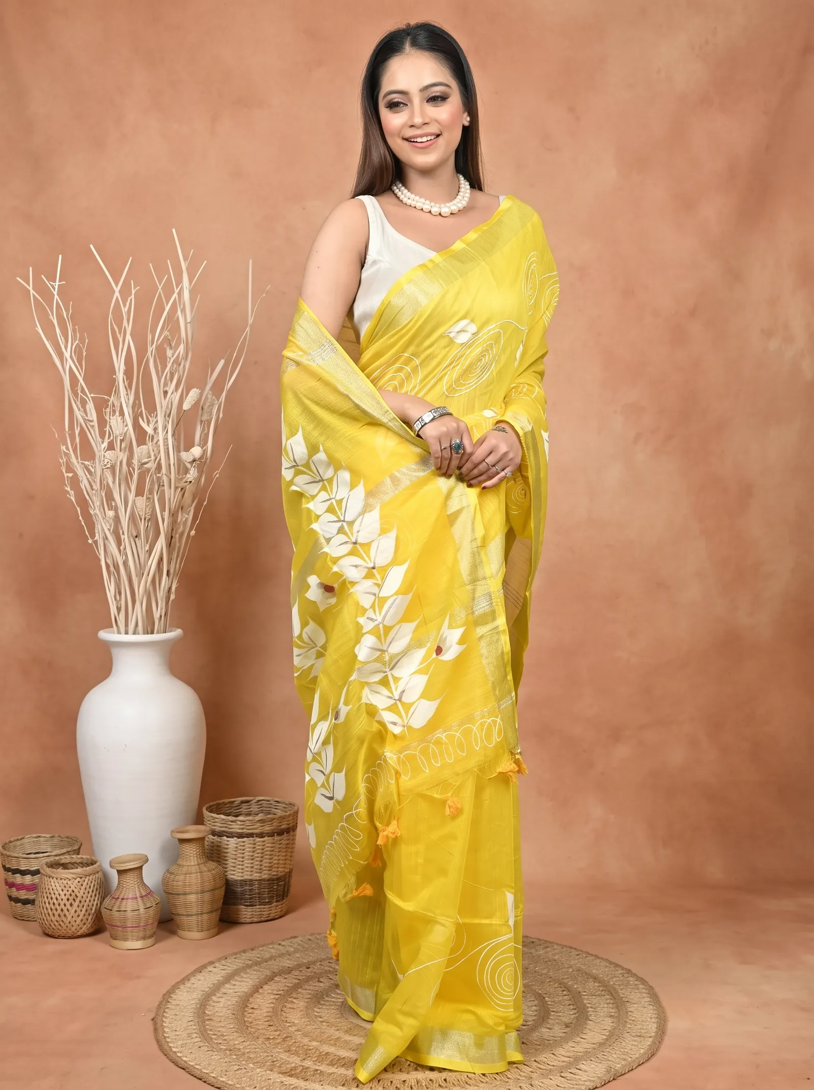 DipDiya Cotton Blend  Traditional Bengali Yellow Artisan Crafted Souvar Hand Painted Saree