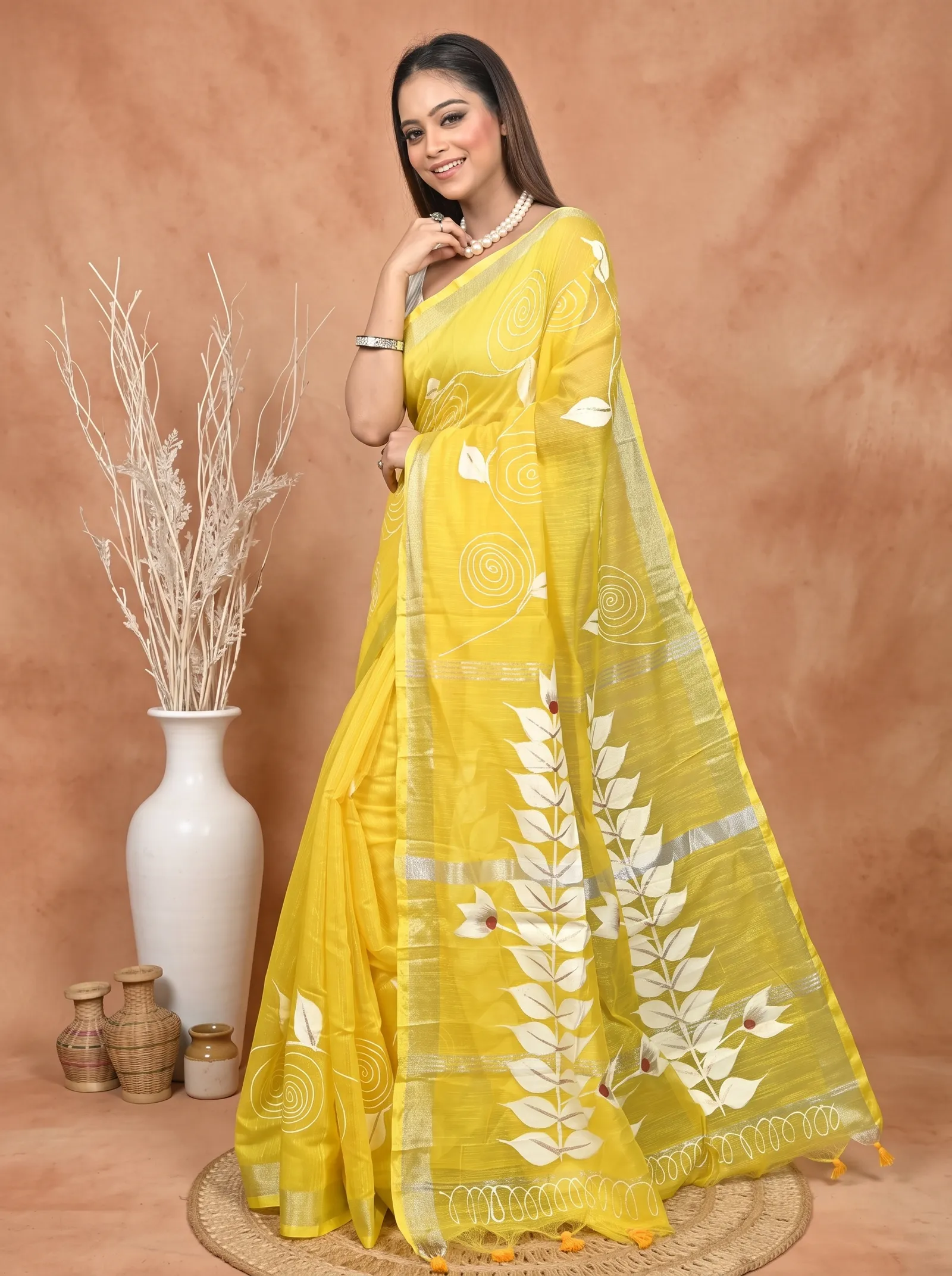 DipDiya Cotton Blend  Traditional Bengali Yellow Artisan Crafted Souvar Hand Painted Saree