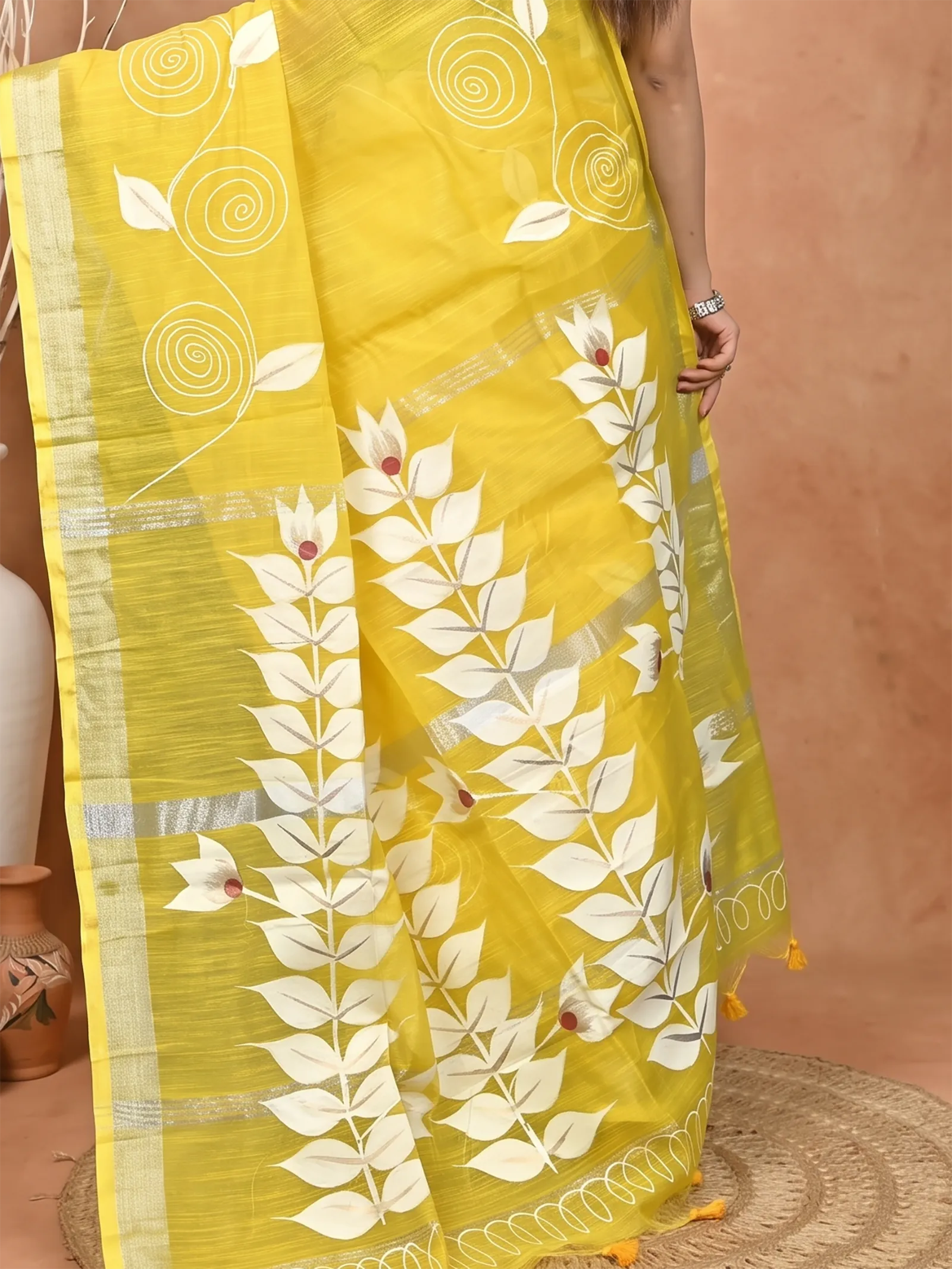 DipDiya Cotton Blend  Traditional Bengali Yellow Artisan Crafted Souvar Hand Painted Saree