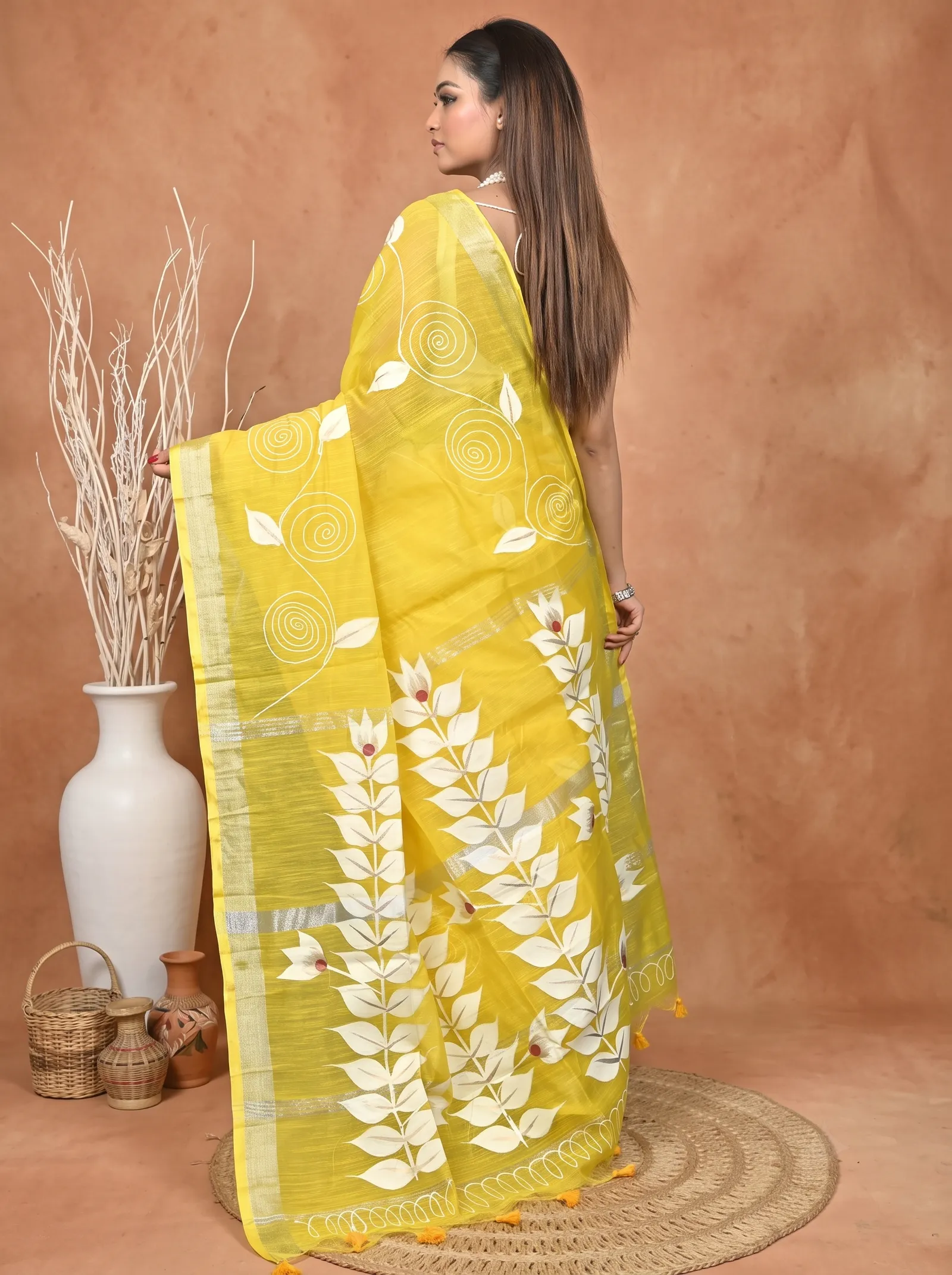 DipDiya Cotton Blend  Traditional Bengali Yellow Artisan Crafted Souvar Hand Painted Saree