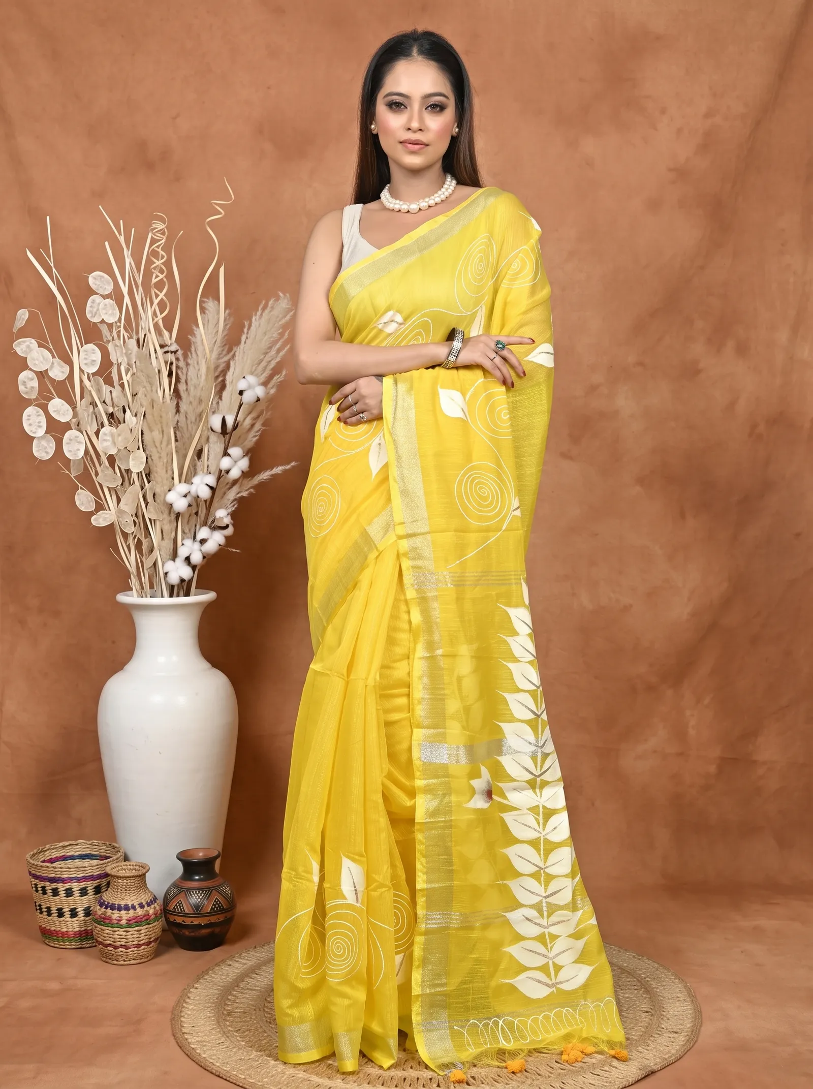 DipDiya Cotton Blend  Traditional Bengali Yellow Artisan Crafted Souvar Hand Painted Saree