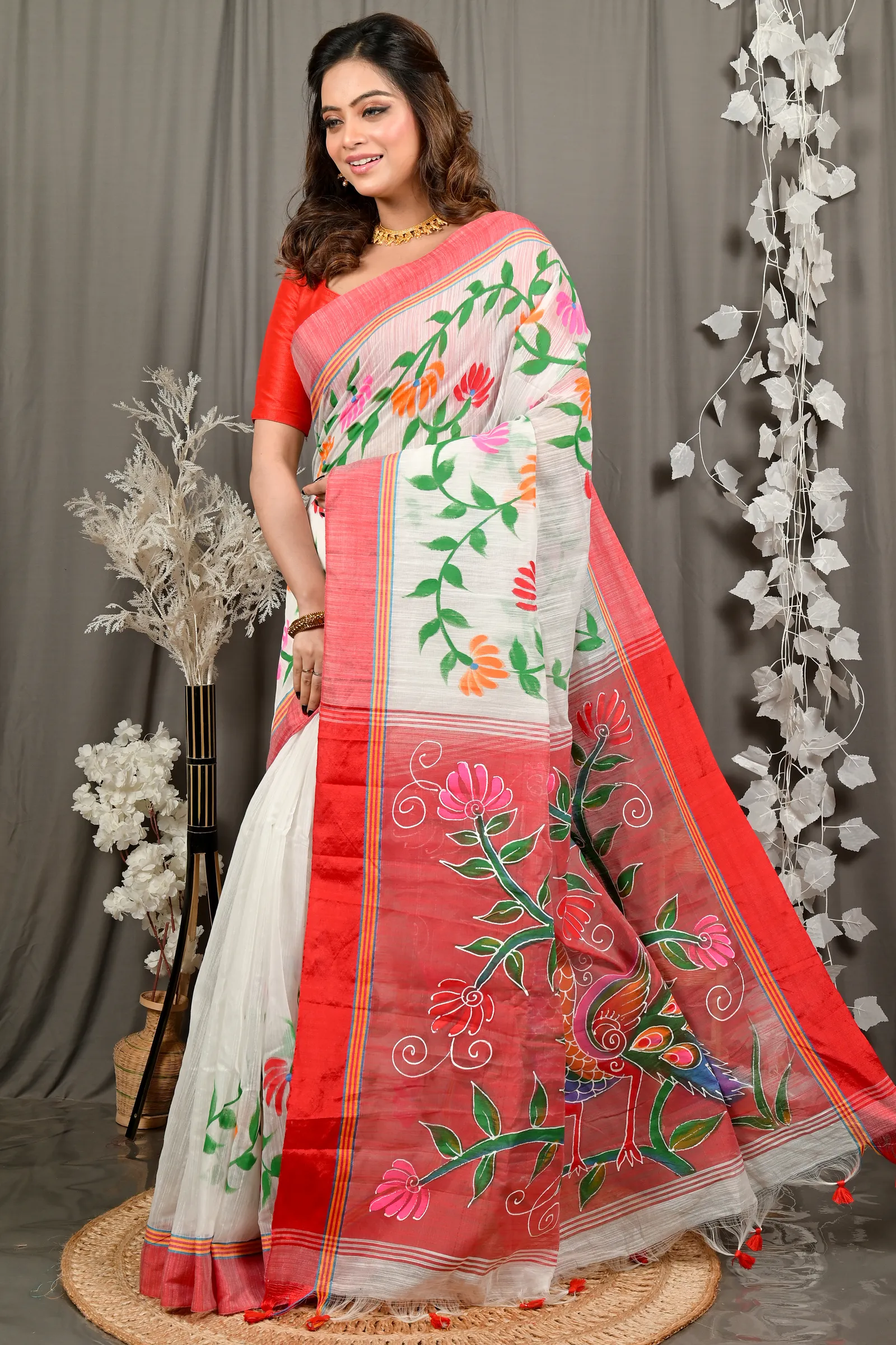 DipDiya Cotton Blend White Red Deepsi Grace of Bengal Hand Painted Sarees