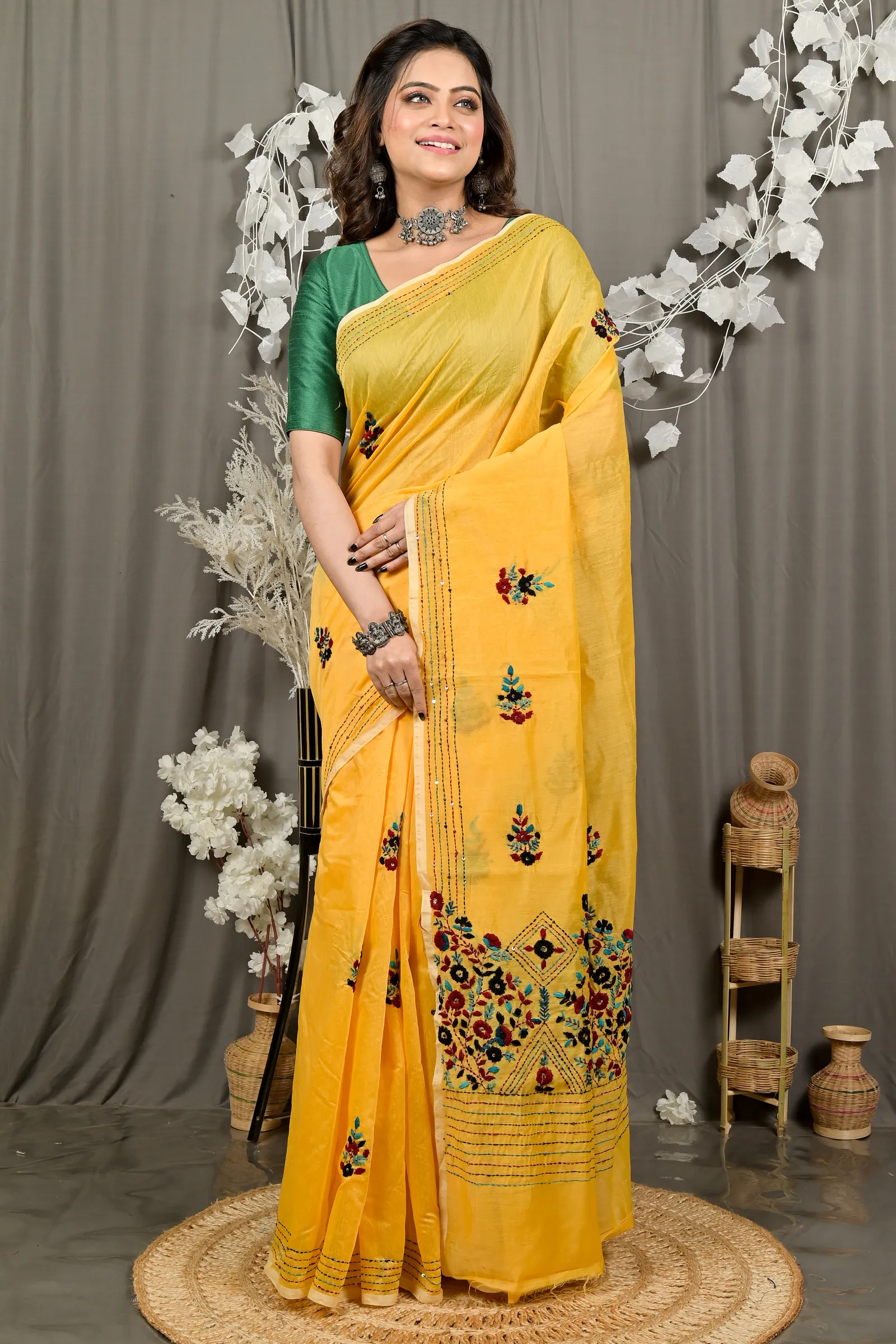DipDiya Cotton Blend Yellow Dayki Bengal in Every Thread Kantha Stitch Sarees