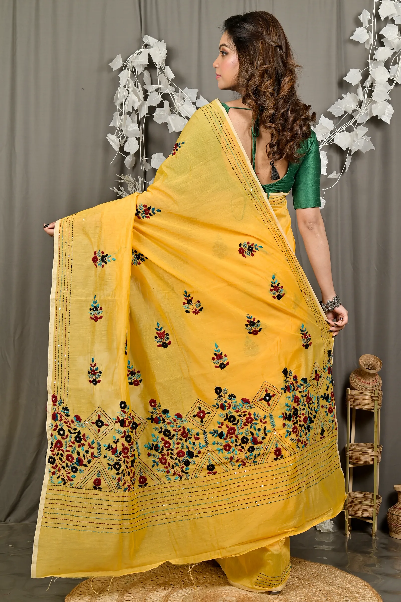 DipDiya Cotton Blend Yellow Dayki Bengal in Every Thread Kantha Stitch Sarees