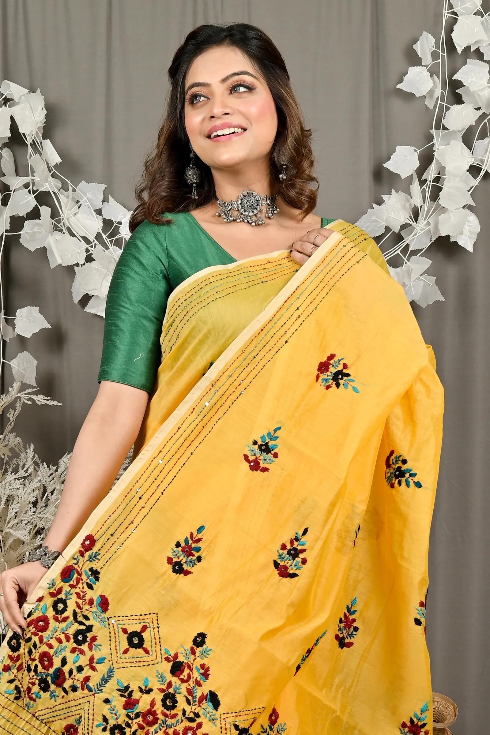 DipDiya Cotton Blend Yellow Dayki Bengal in Every Thread Kantha Stitch Sarees