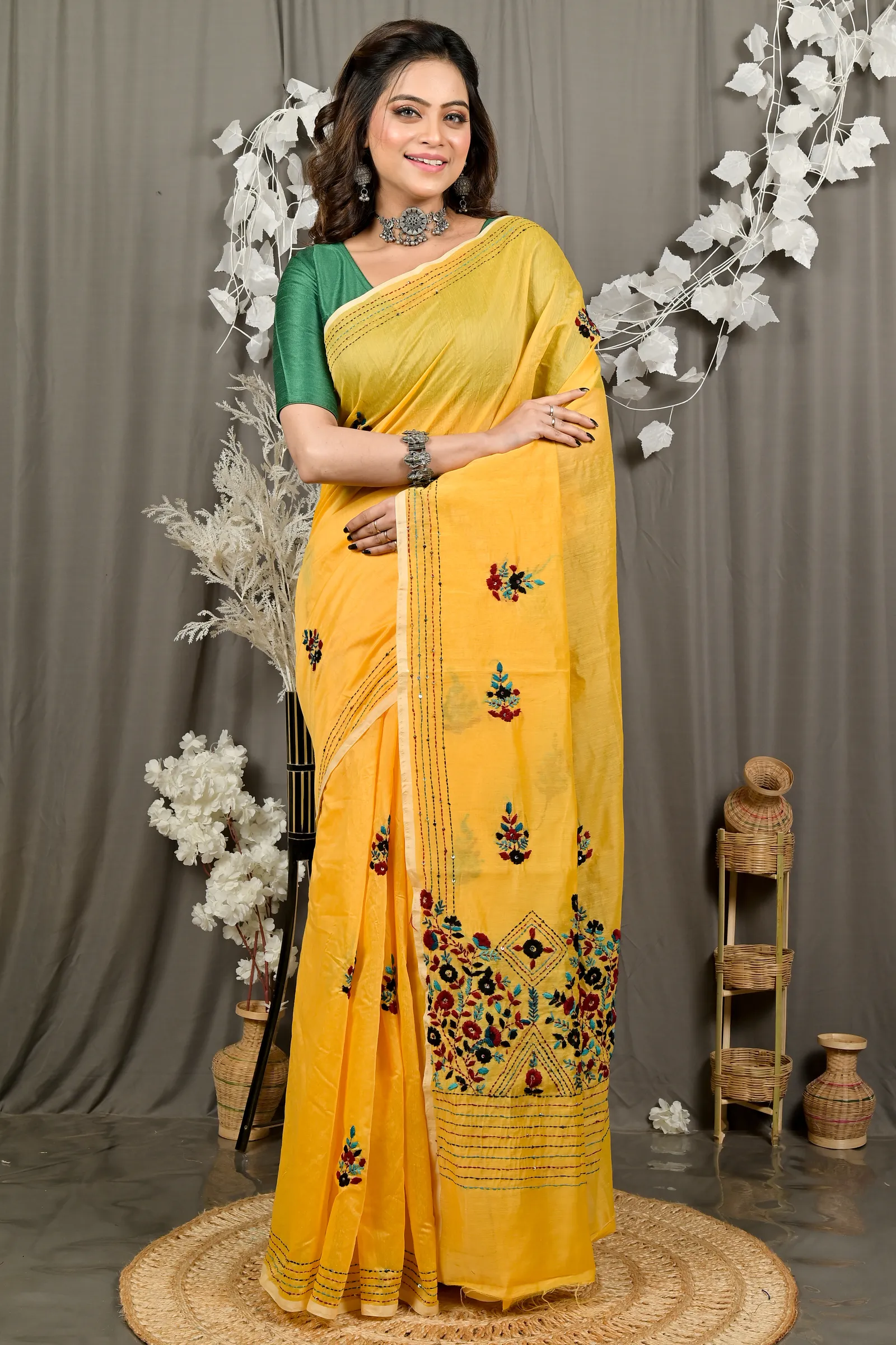 DipDiya Cotton Blend Yellow Dayki Bengal in Every Thread Kantha Stitch Sarees