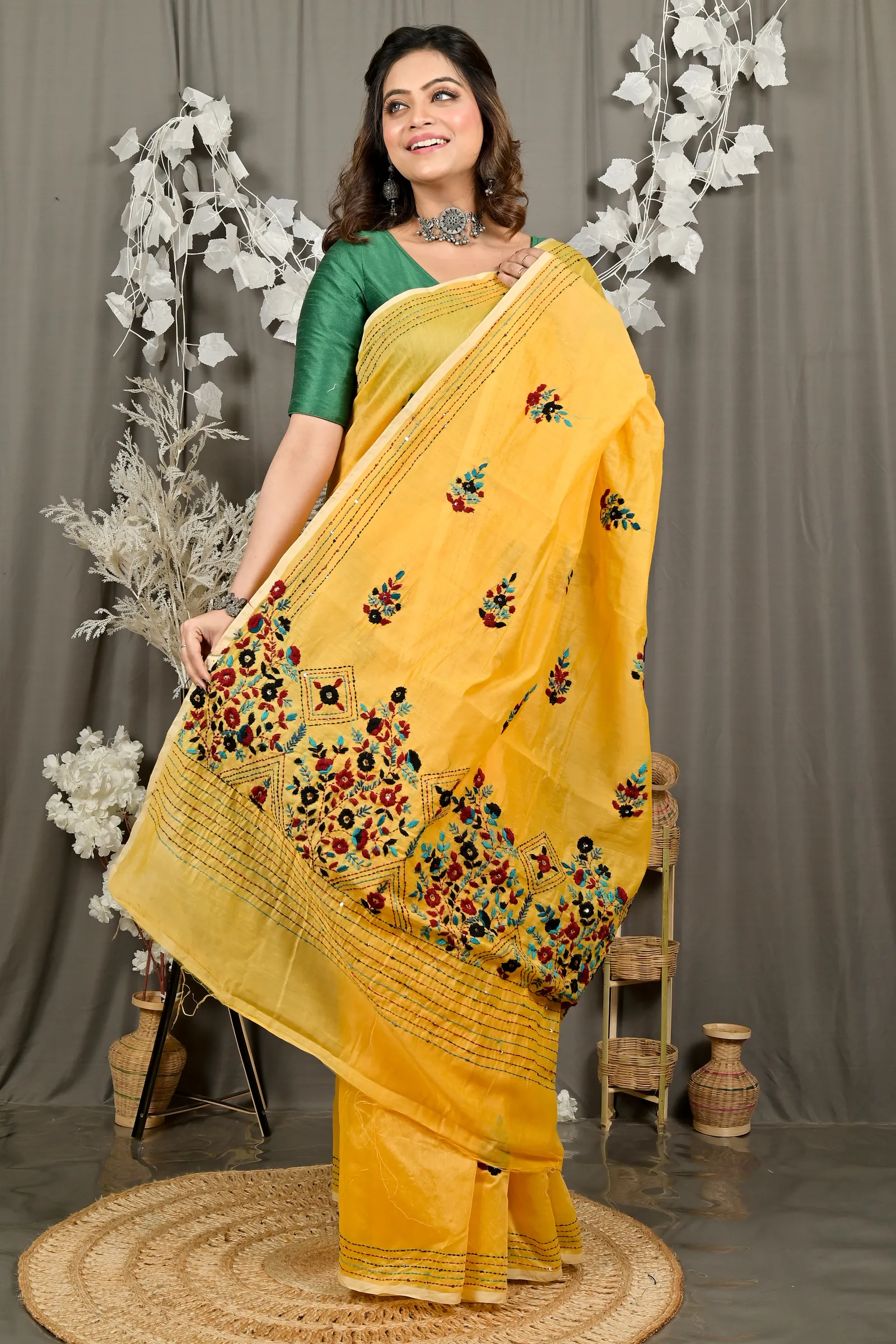 DipDiya Cotton Blend Yellow Dayki Bengal in Every Thread Kantha Stitch Sarees