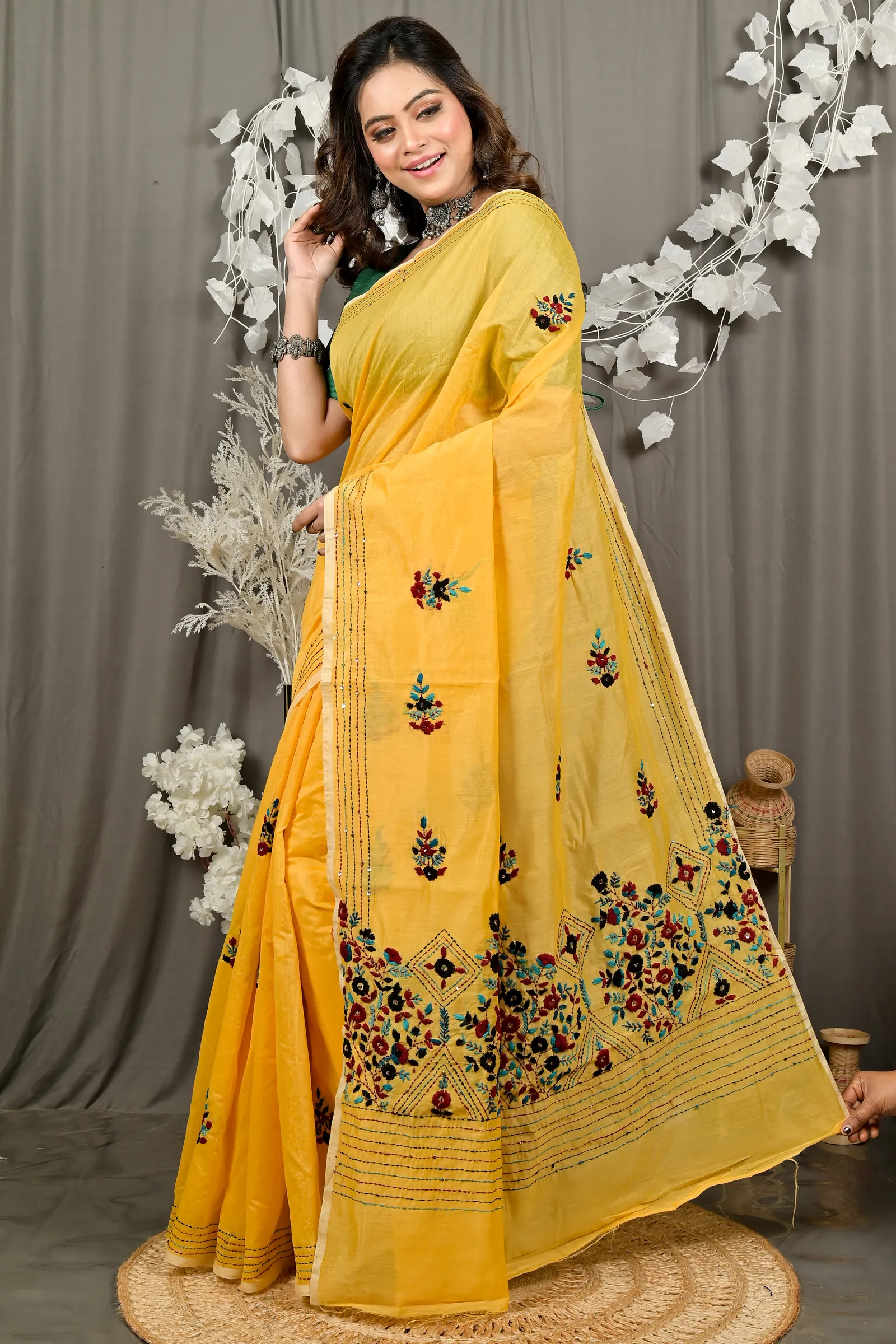 DipDiya Cotton Blend Yellow Dayki Bengal in Every Thread Kantha Stitch Sarees