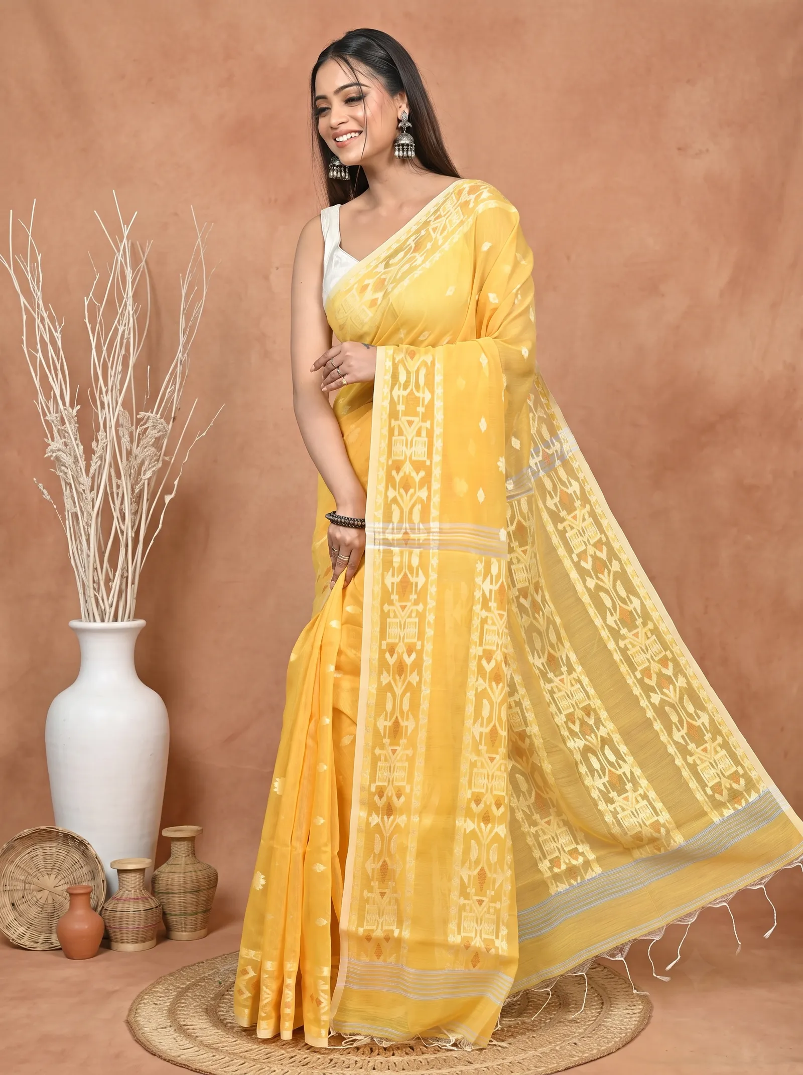 DipDiya Cotton Blend Yellow Parlvi Woven with Love Handloom Sarees