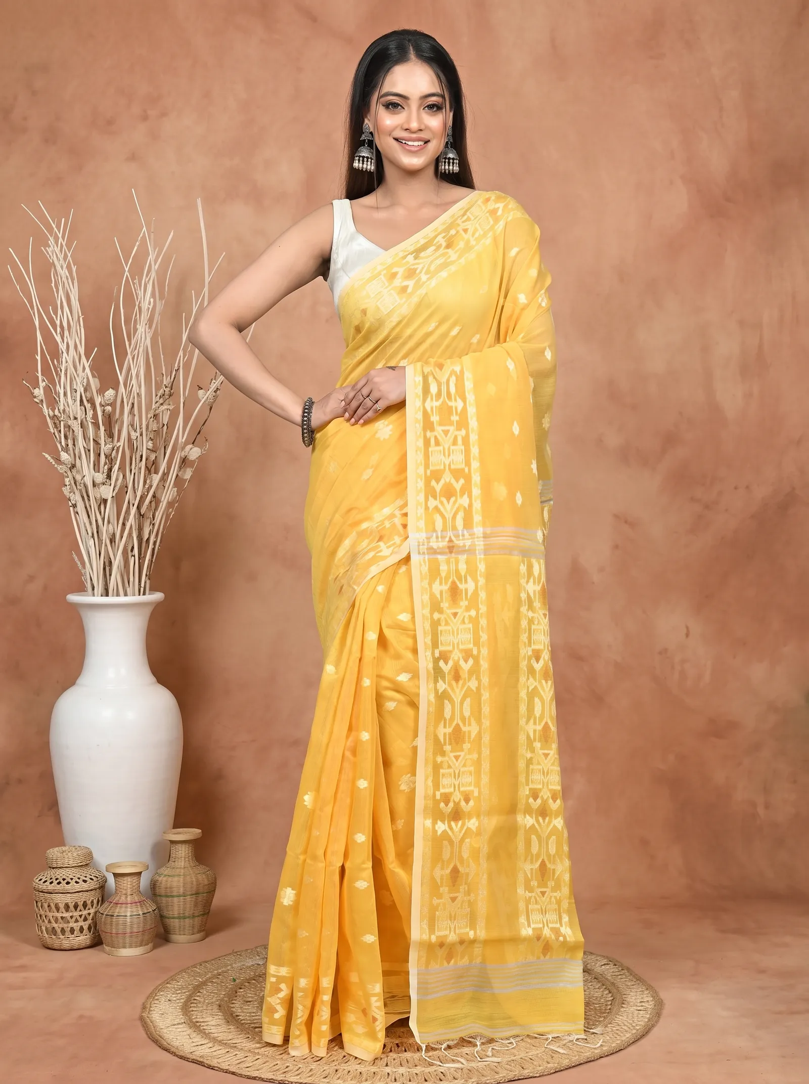 DipDiya Cotton Blend Yellow Parlvi Woven with Love Handloom Sarees