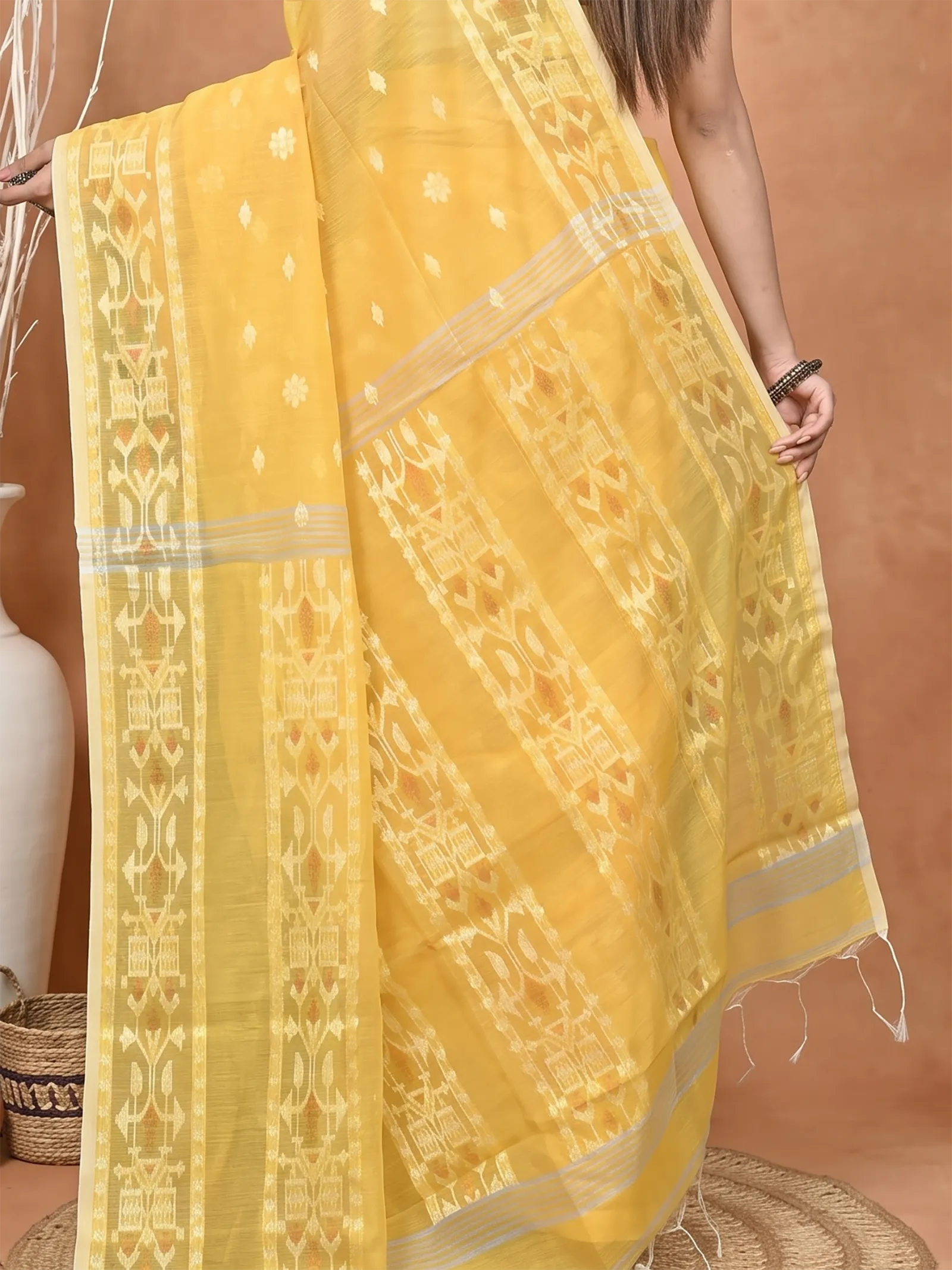 DipDiya Cotton Blend Yellow Parlvi Woven with Love Handloom Sarees