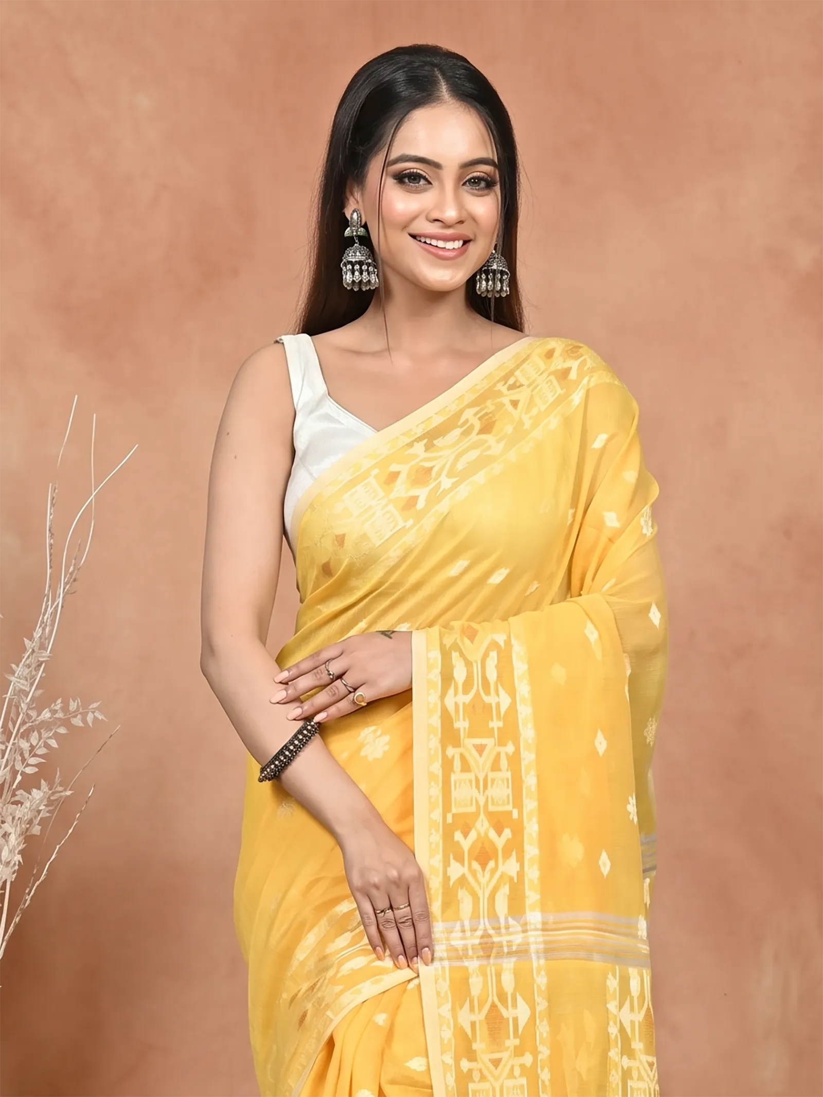 DipDiya Cotton Blend Yellow Parlvi Woven with Love Handloom Sarees
