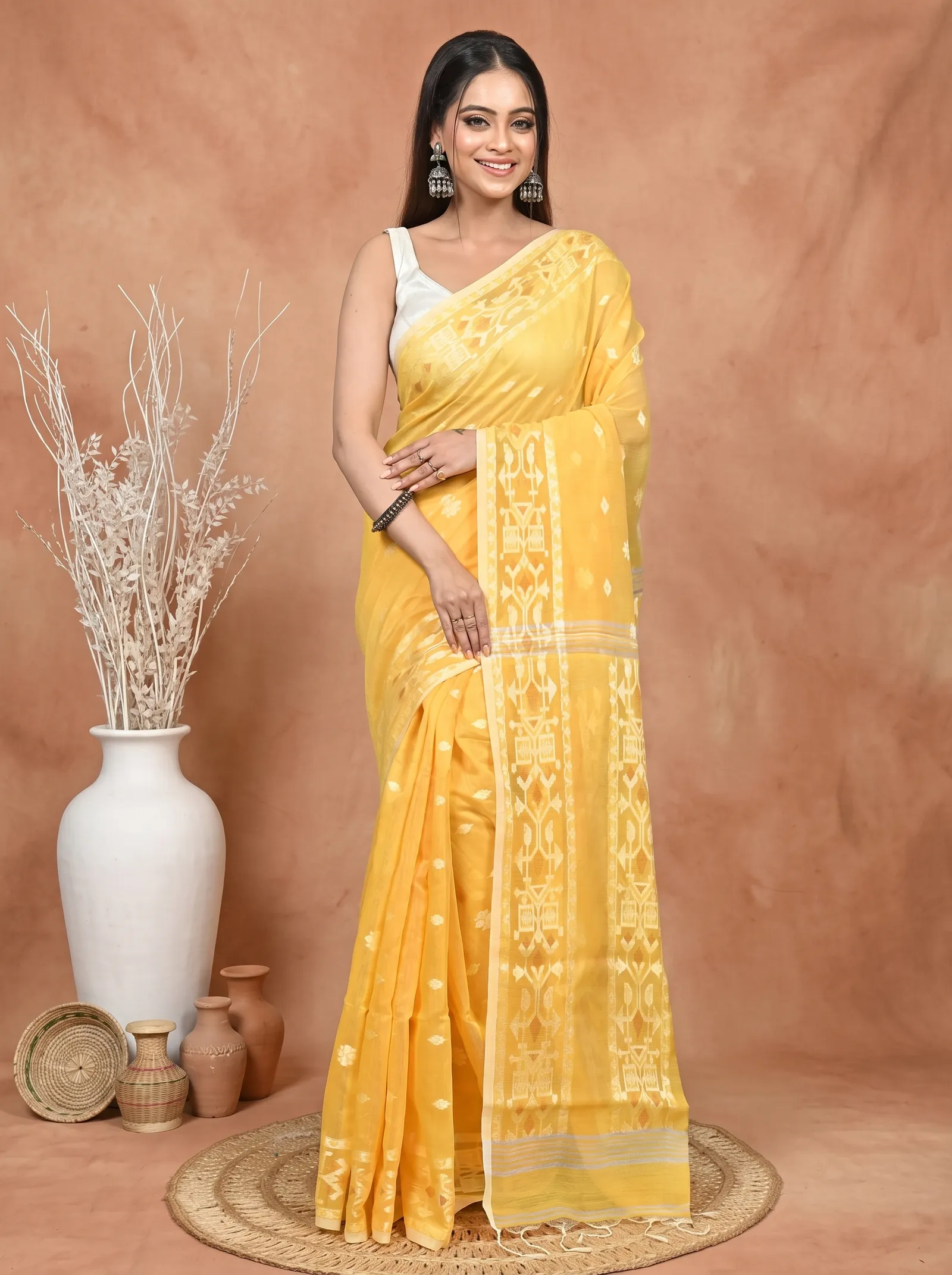DipDiya Cotton Blend Yellow Parlvi Woven with Love Handloom Sarees