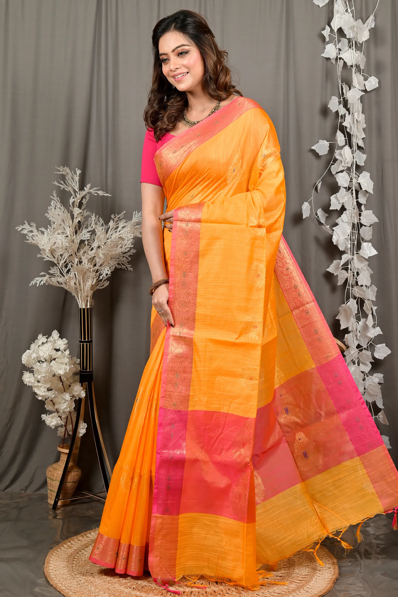 DipDiya Cotton Blend Yellow Pink Daymin Artisan Crafted Handloom Sarees
