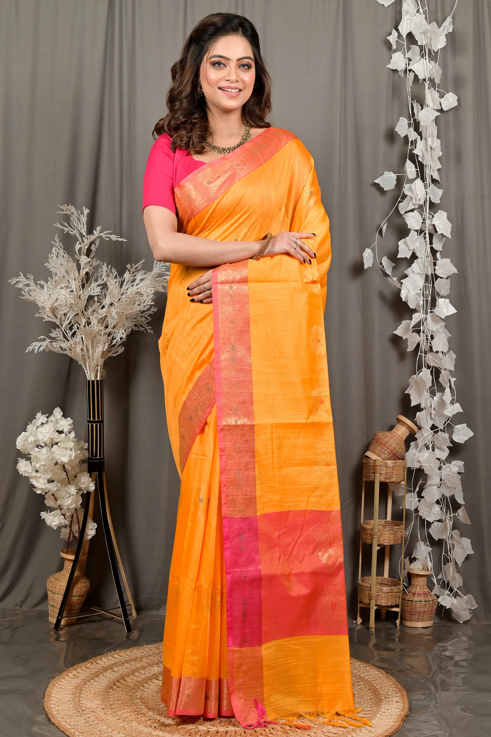 DipDiya Cotton Blend Yellow Pink Daymin Artisan Crafted Handloom Sarees