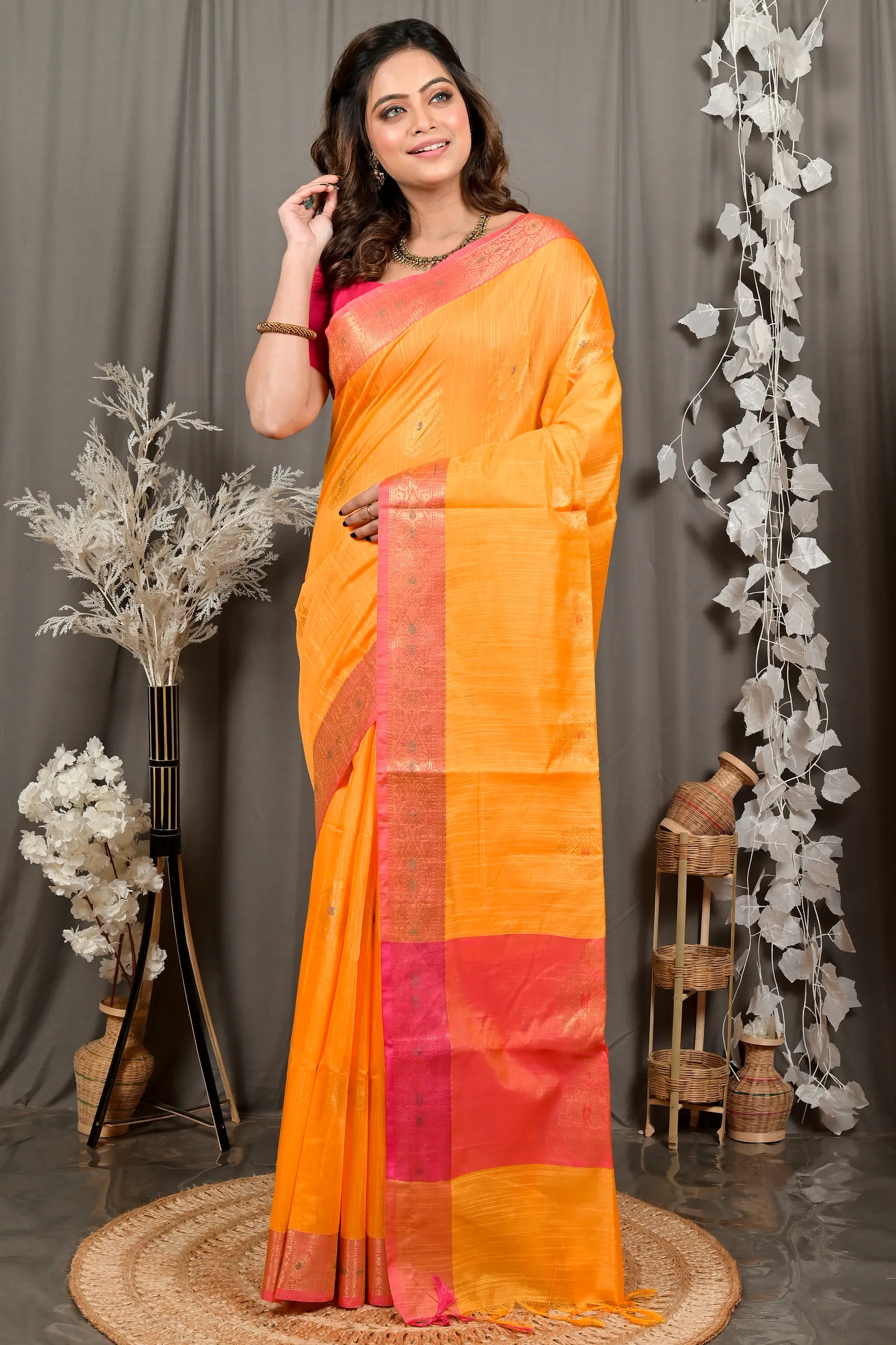 DipDiya Cotton Blend Yellow Pink Daymin Artisan Crafted Handloom Sarees