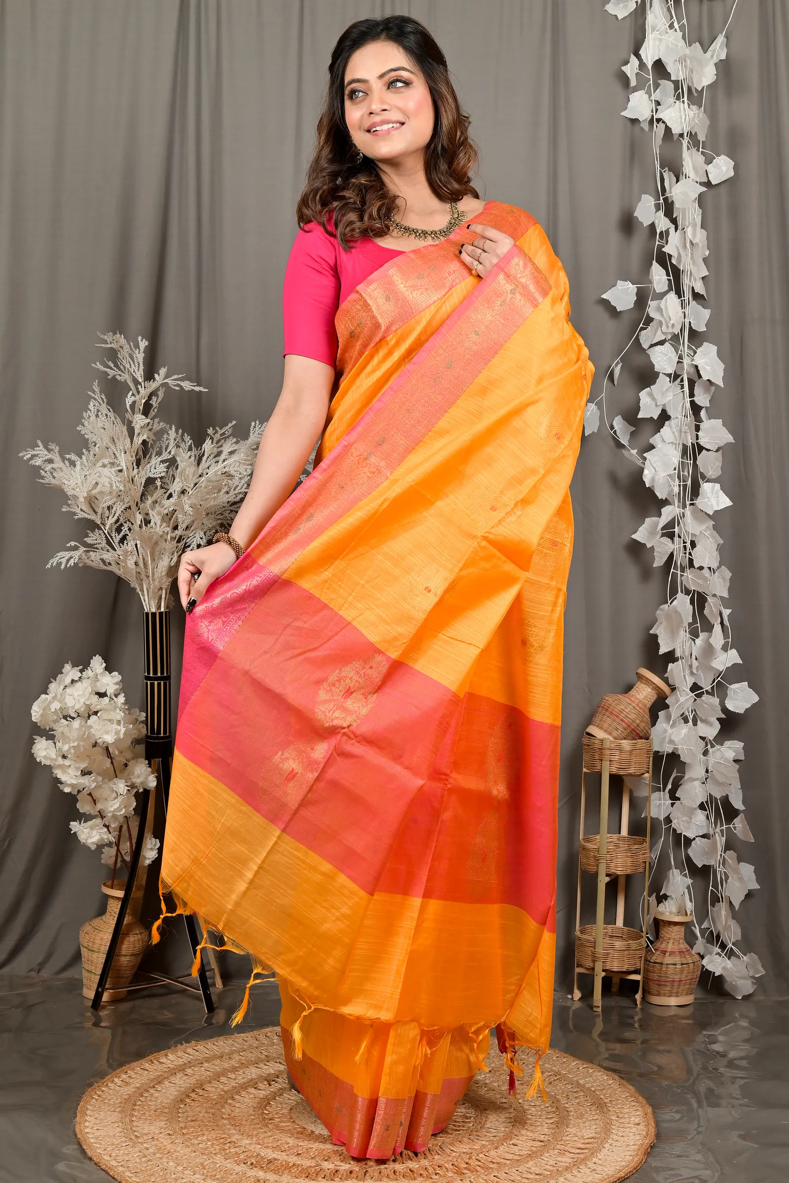 DipDiya Cotton Blend Yellow Pink Daymin Artisan Crafted Handloom Sarees