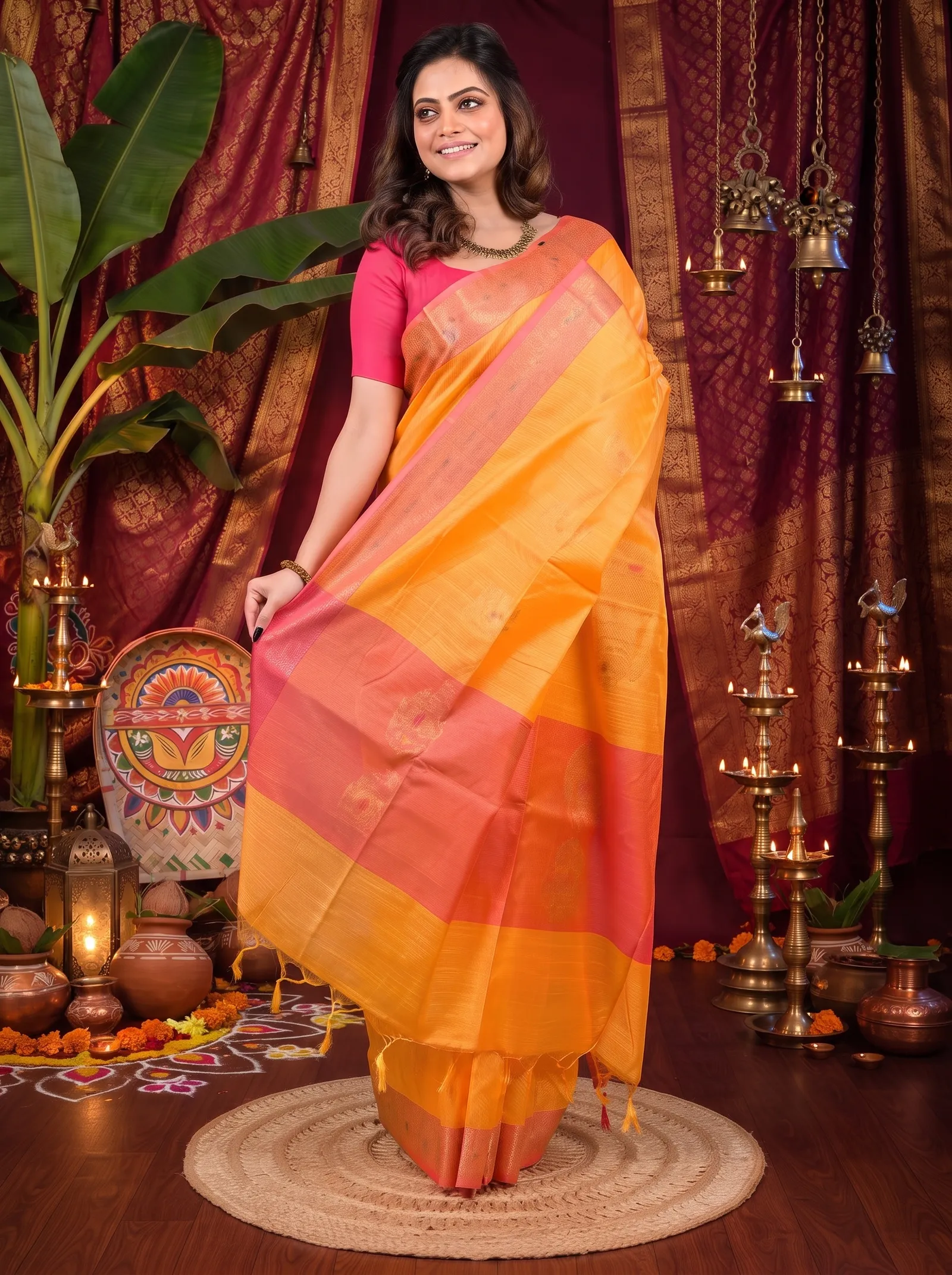 DipDiya Cotton Blend Yellow Pink Daymin Artisan Crafted Handloom Sarees