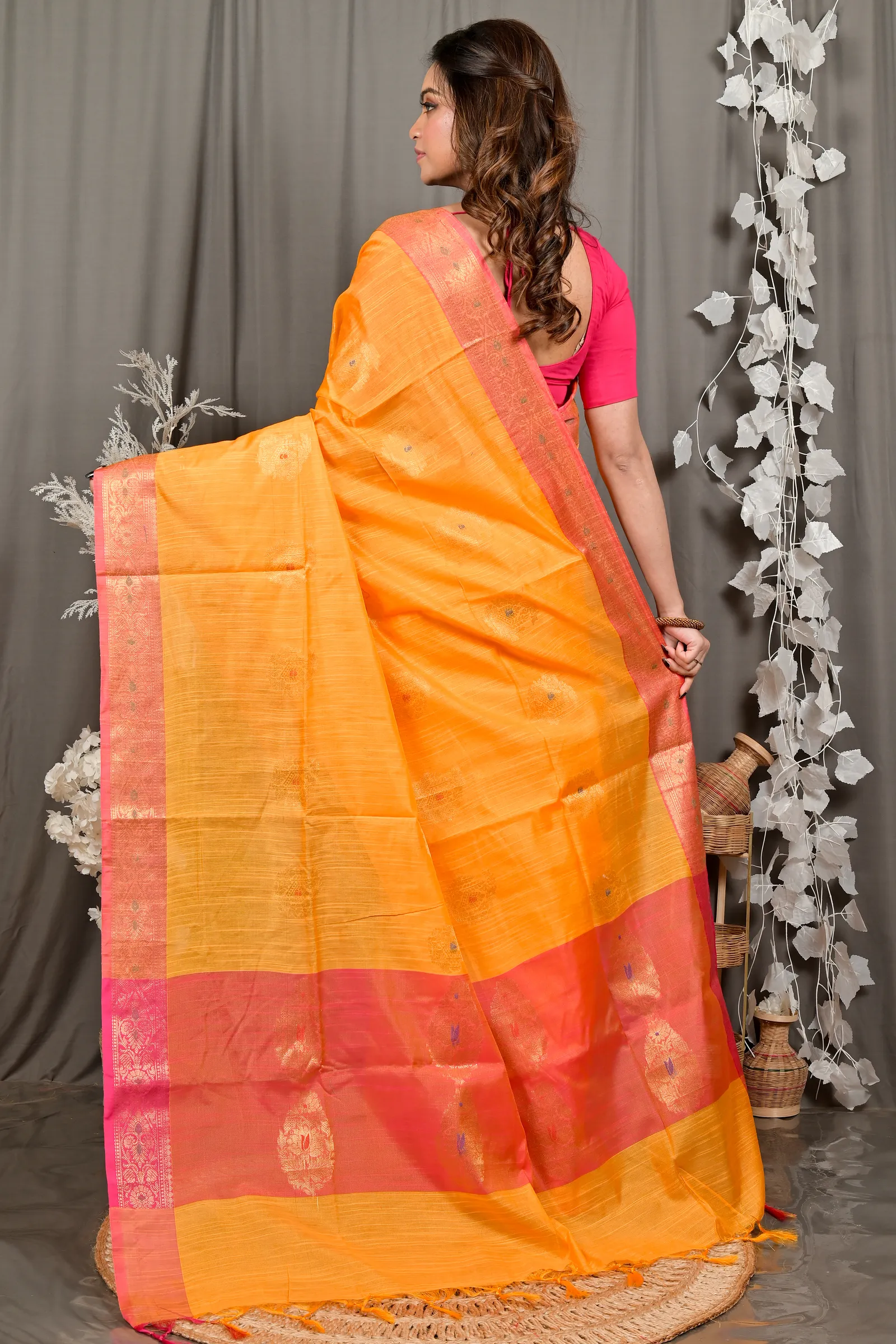 DipDiya Cotton Blend Yellow Pink Daymin Artisan Crafted Handloom Sarees
