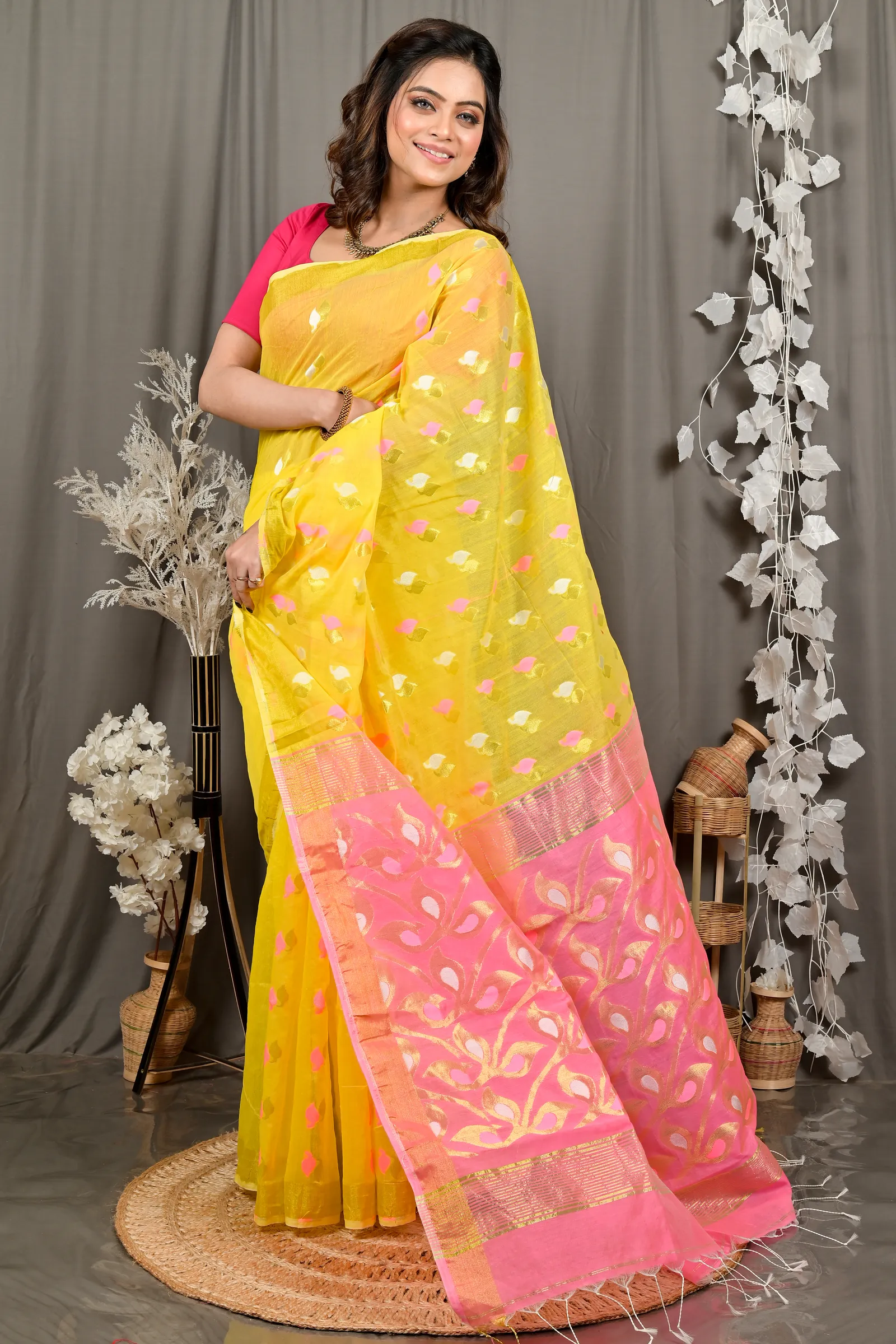 DipDiya Cotton Blend Yellow Pink Dhrum Crafted with Soul Handloom Sarees